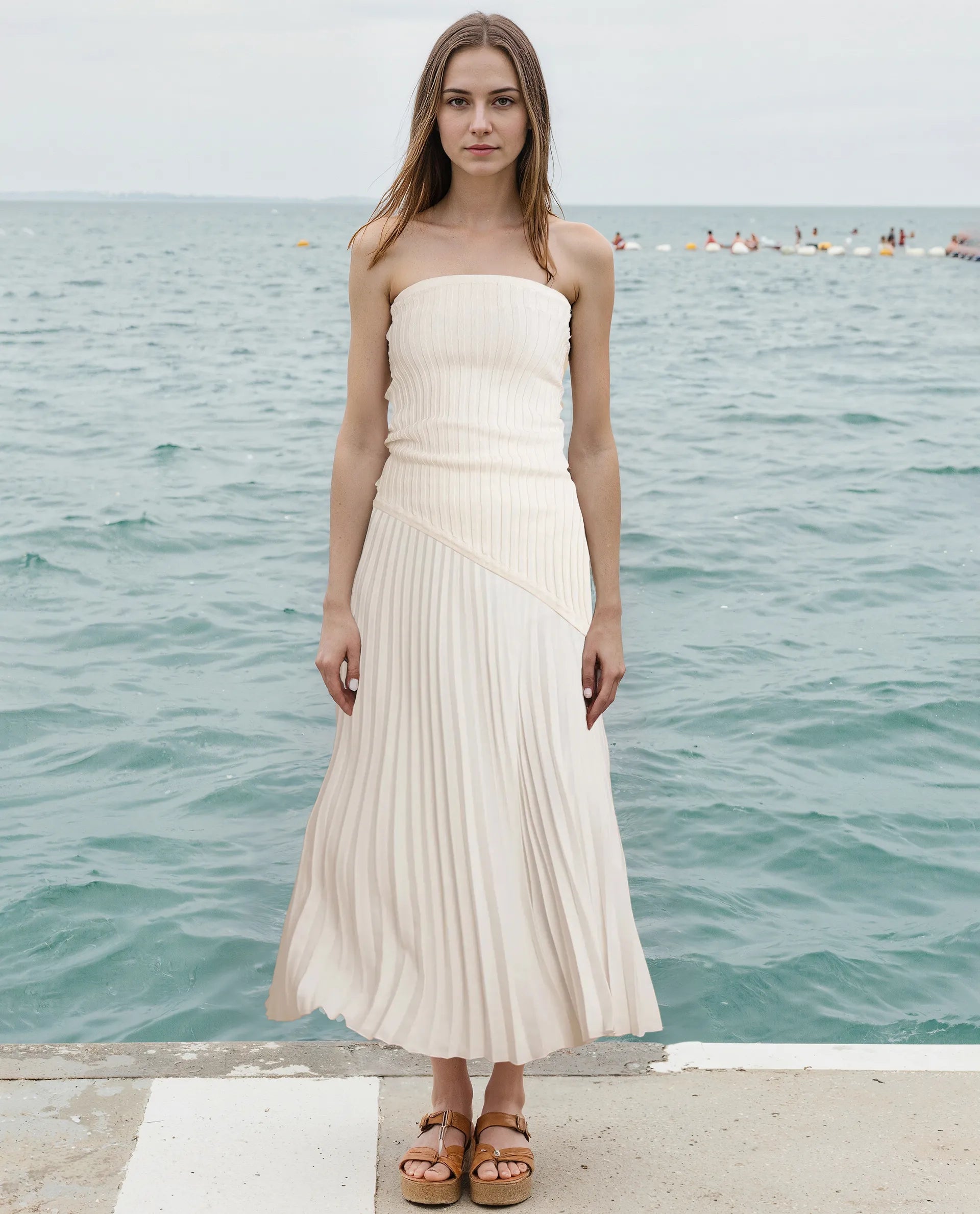 Rareism Women's Jansu Off White Polyester Plain Midi Flared Skirt