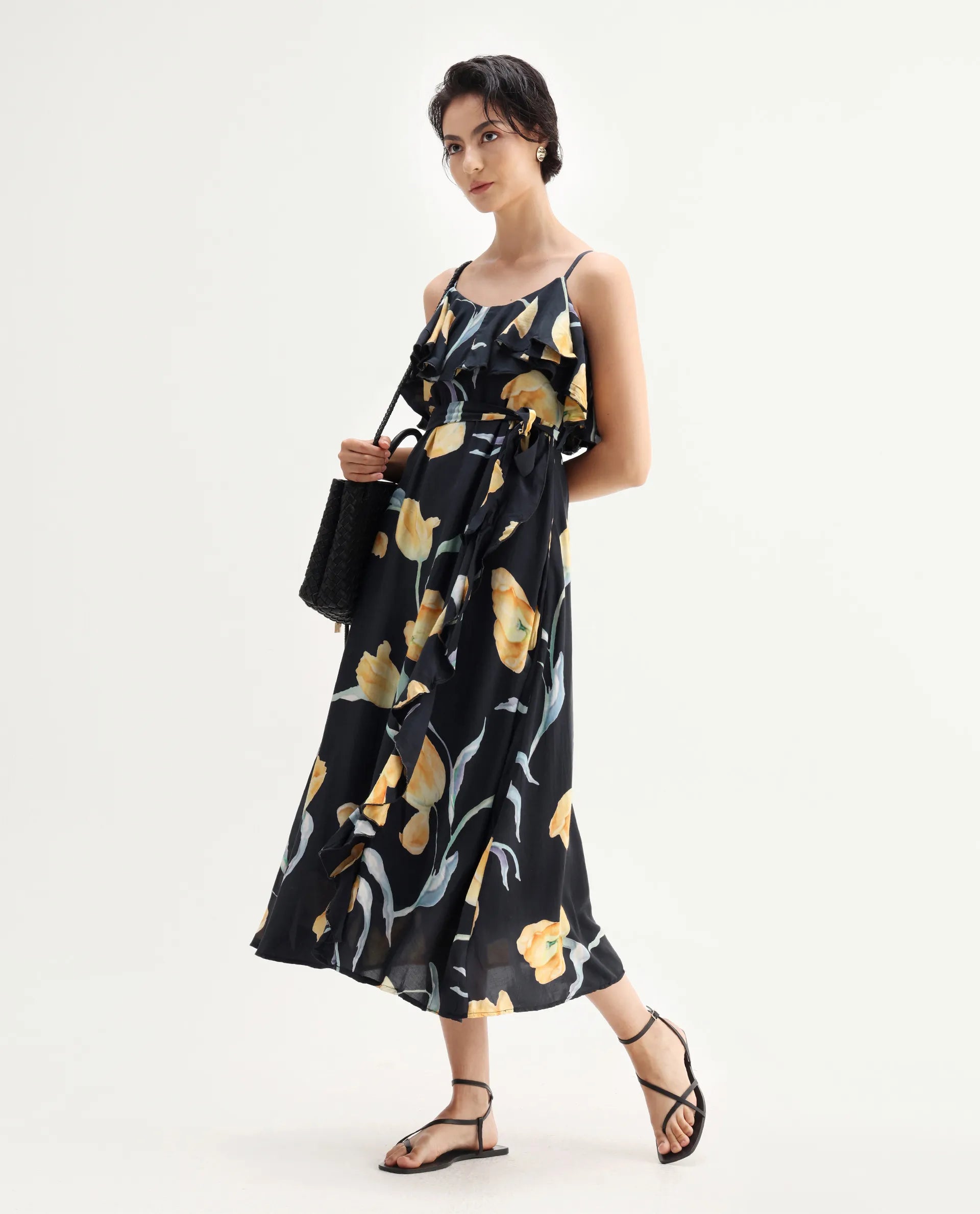 Rareism Women's Jantoto Black Viscose Shoulder Strap Floral Print Sleeveless Midi Fit And Flare Dress