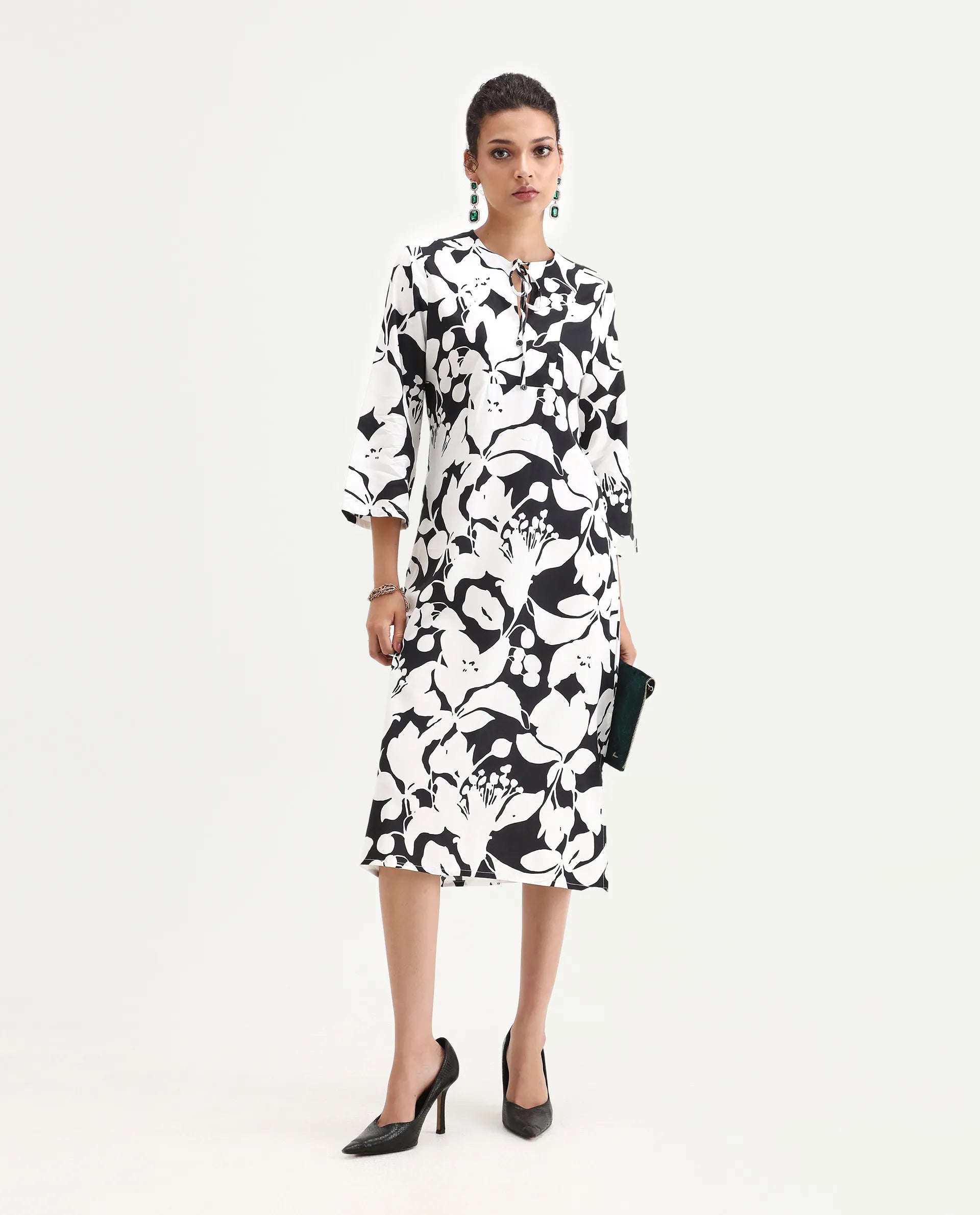 Rareism Women's Janzen Black Viscose Tie-Up Neck Floral Print Bell Sleeve Midi Straight Fit Dress