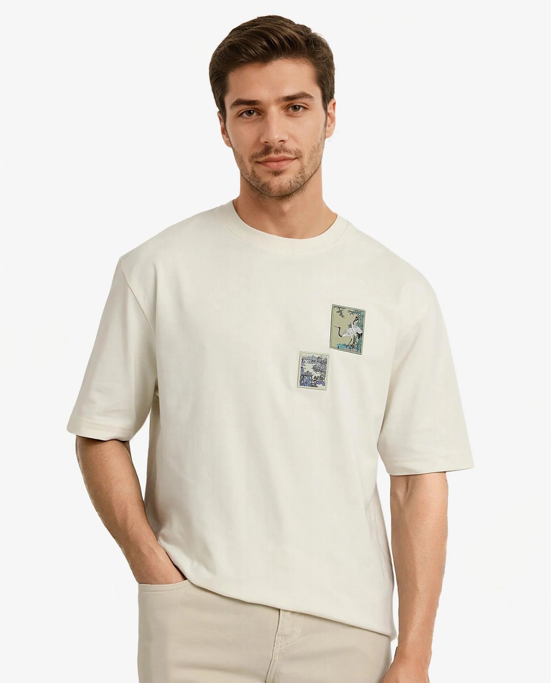 Rare Rabbit Men Jap Off White Short Sleeve Crew Neck Boxy Fit Graphic Printed T-Shirt