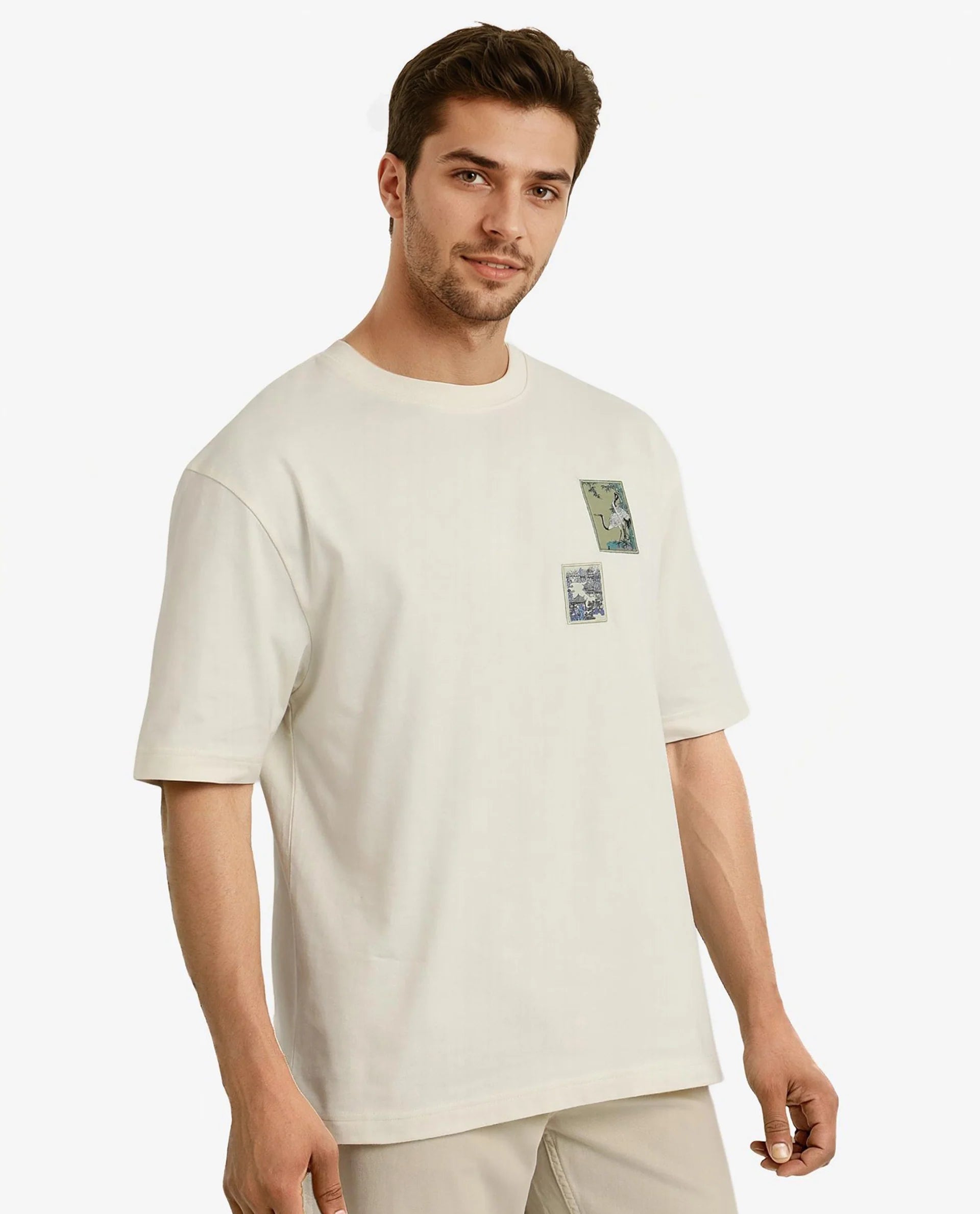 Rare Rabbit Men Jap Off White Short Sleeve Crew Neck Boxy Fit Graphic Printed T-Shirt