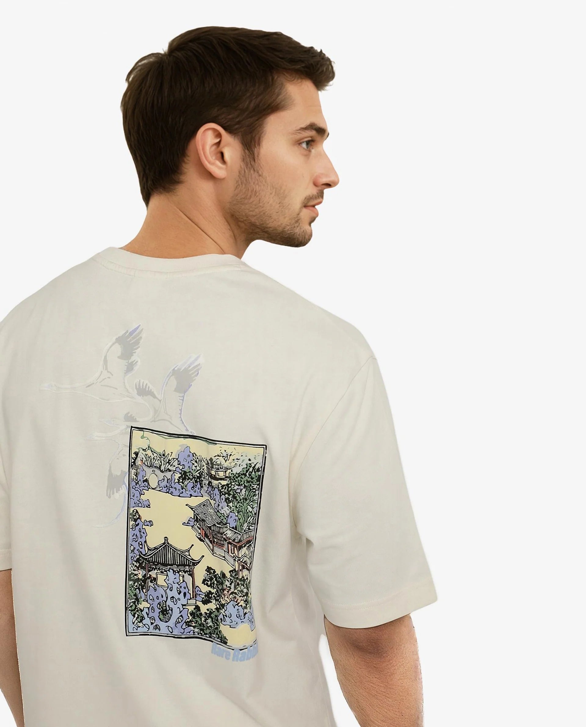 Rare Rabbit Men Jap Off White Short Sleeve Crew Neck Boxy Fit Graphic Printed T-Shirt