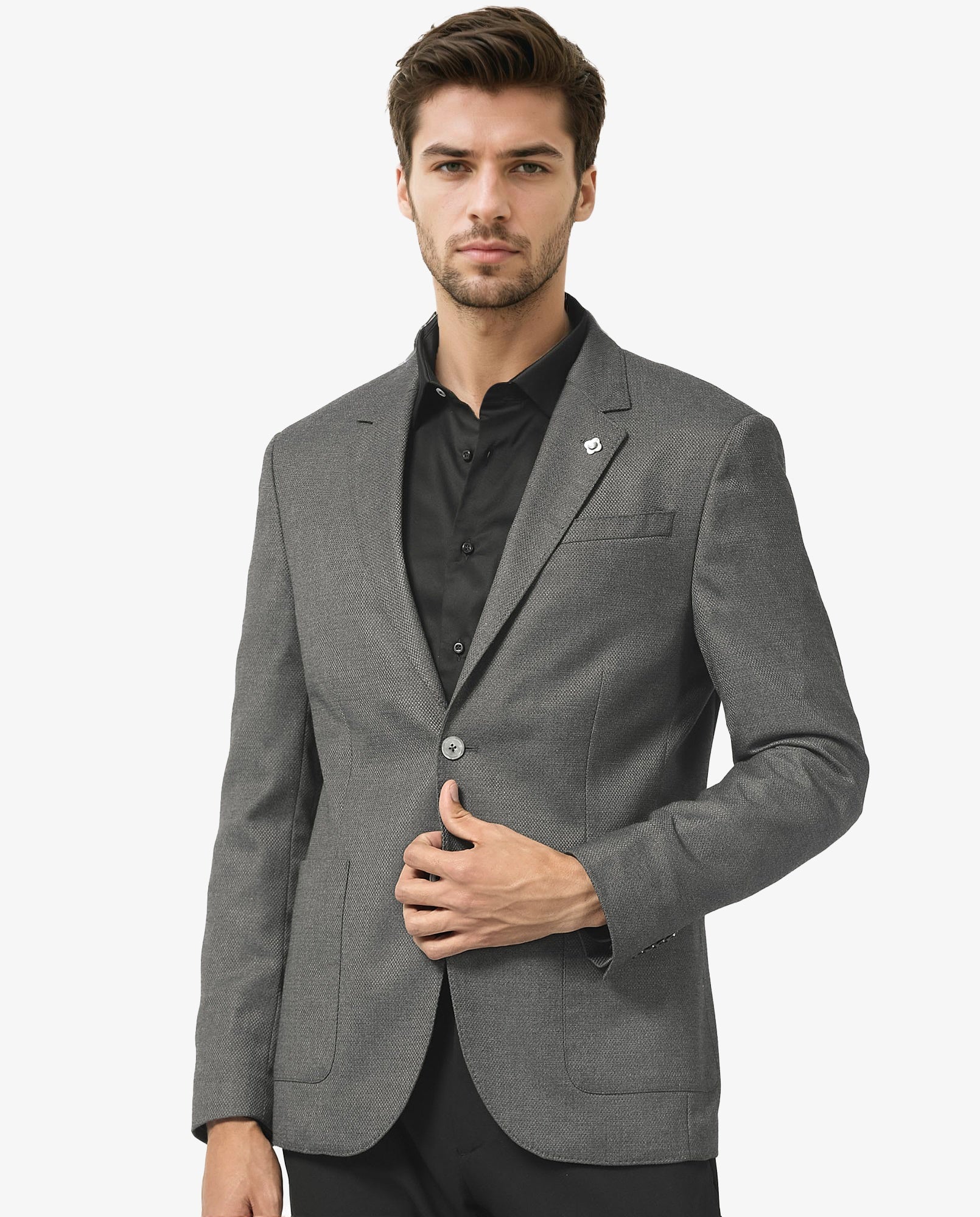 Rare Rabbit Men's Jardo Dark Grey Polyester Plain Tailored Fit Full Sleeve Lapel Neck Blazer