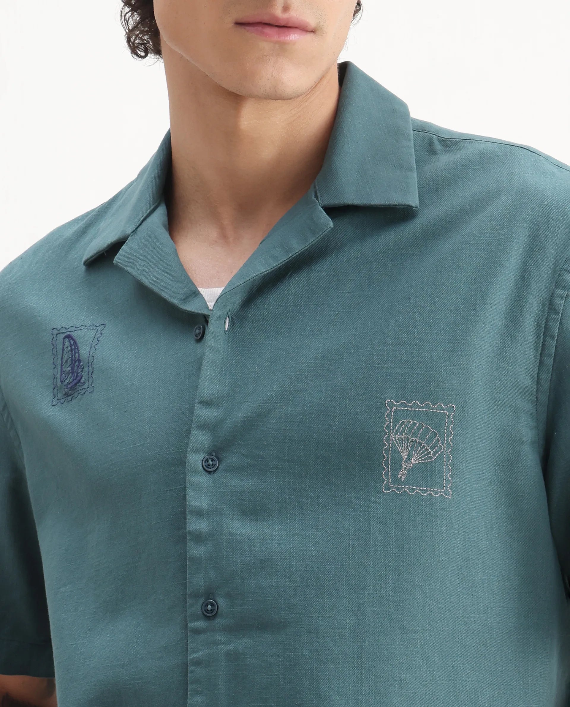 Rare Rabbit Men's Jarny Green Cotton Embroidered Boxy Fit Half Sleeve Cuban Collar Shirt