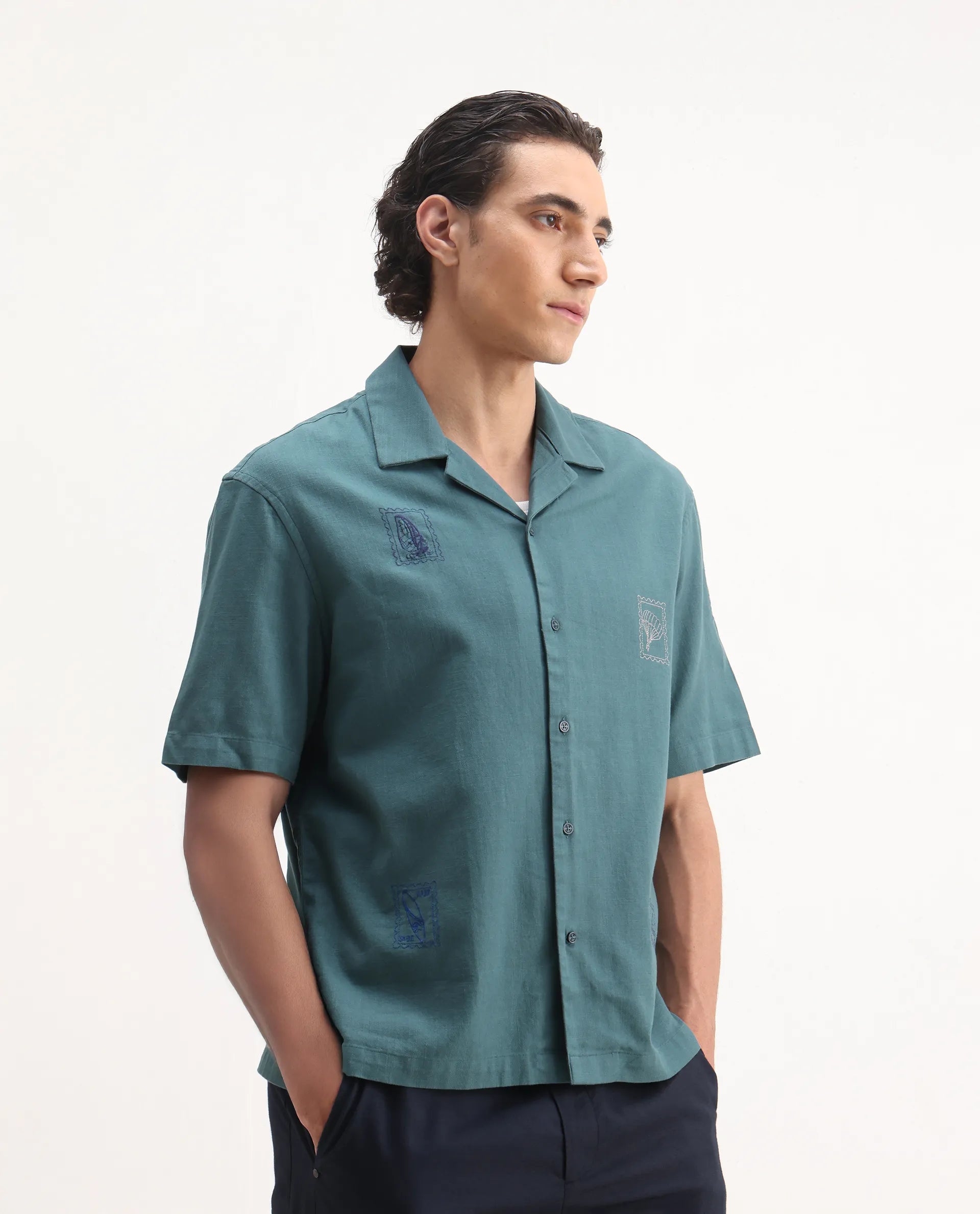 Rare Rabbit Men's Jarny Green Cotton Embroidered Boxy Fit Half Sleeve Cuban Collar Shirt