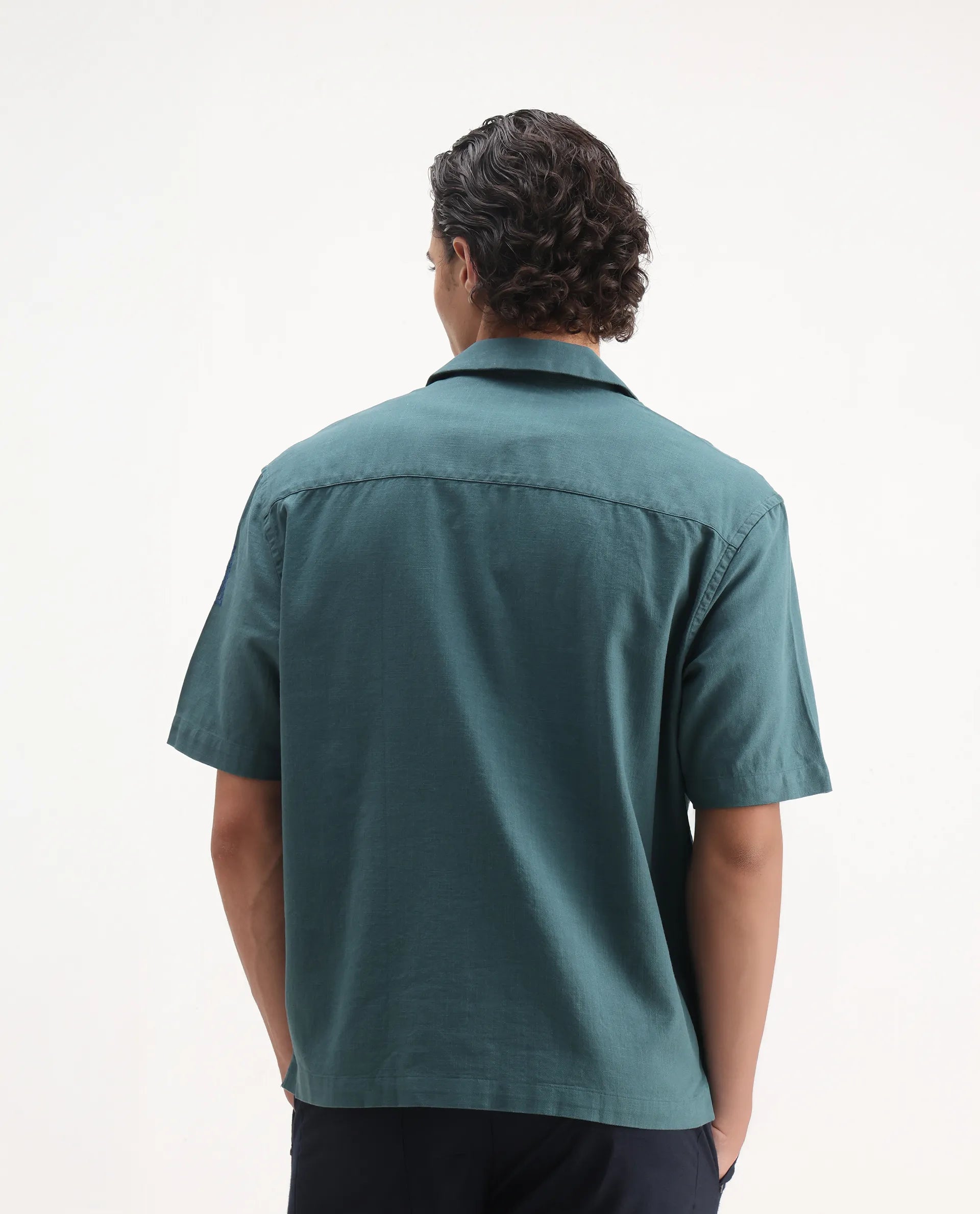 Rare Rabbit Men's Jarny Green Cotton Embroidered Boxy Fit Half Sleeve Cuban Collar Shirt