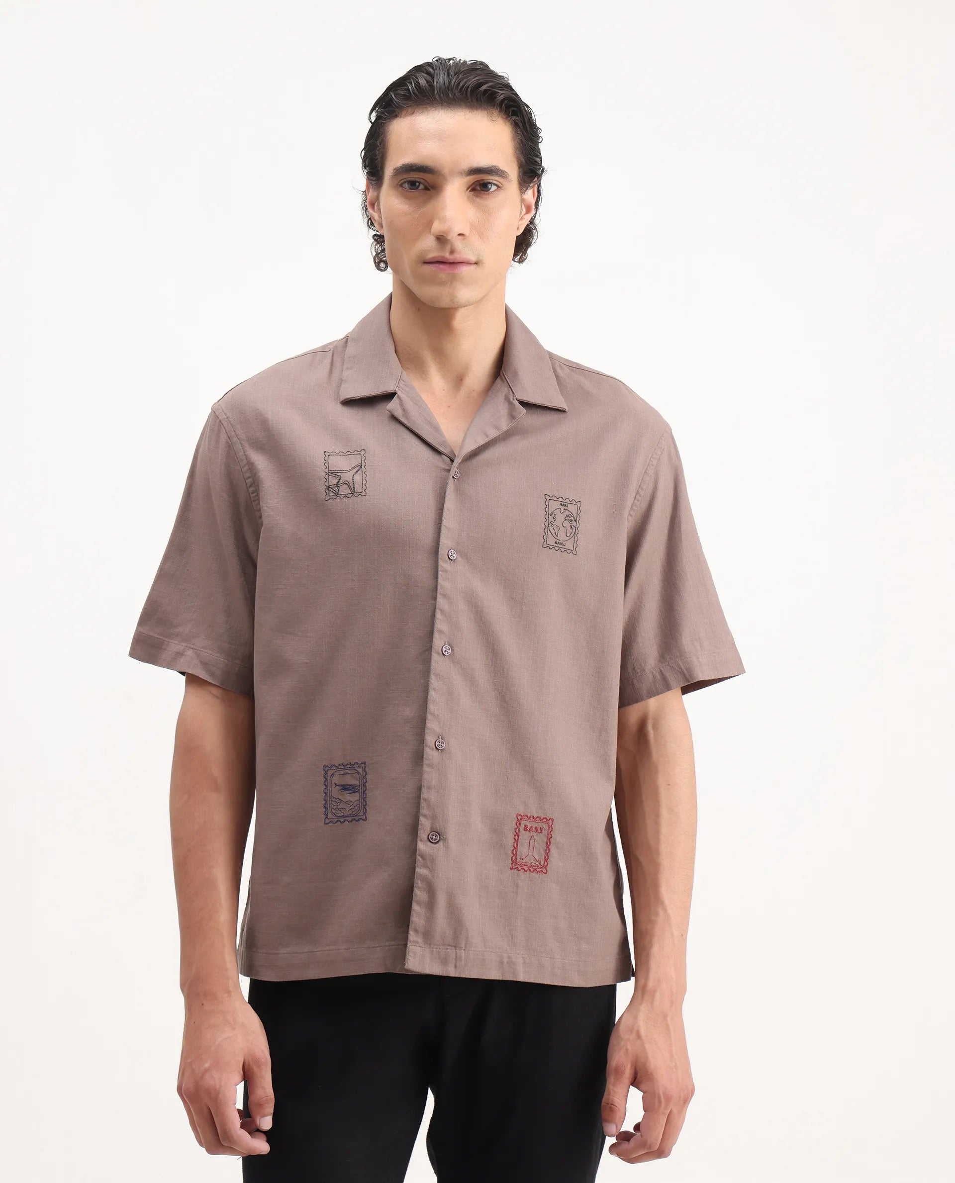 Rare Rabbit Men's Jarny Light Brown Cotton Embroidered Boxy Fit Half Sleeve Cuban Collar Shirt