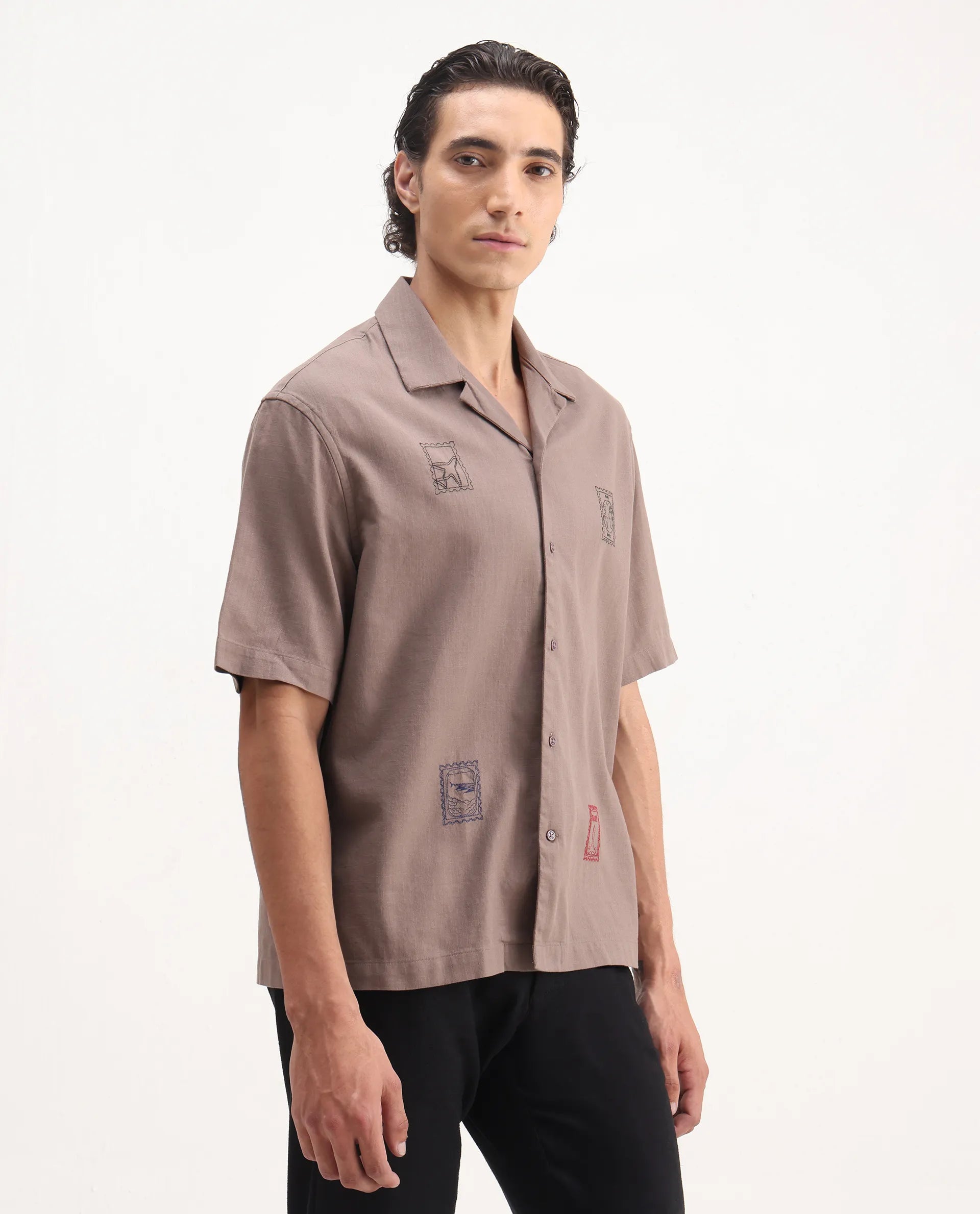 Rare Rabbit Men's Jarny Light Brown Cotton Embroidered Boxy Fit Half Sleeve Cuban Collar Shirt