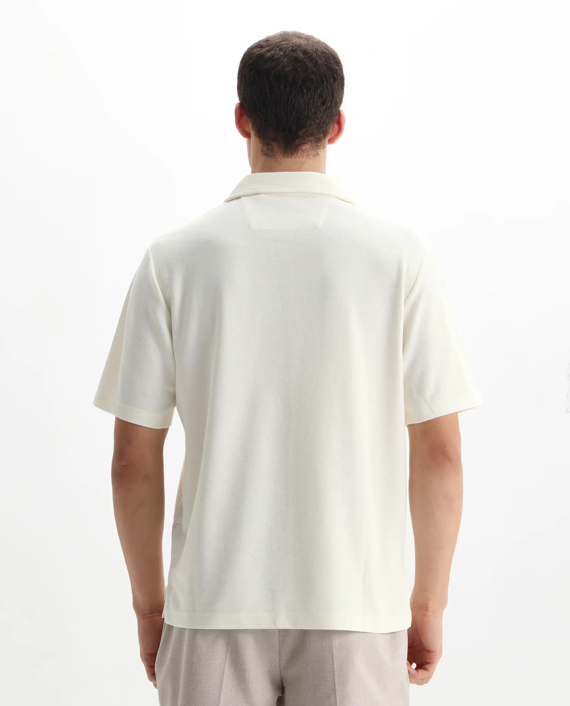 Rare Rabbit Men's Jawal Off White Cotton Blend Plain Oversized Fit Half Sleeve Polo