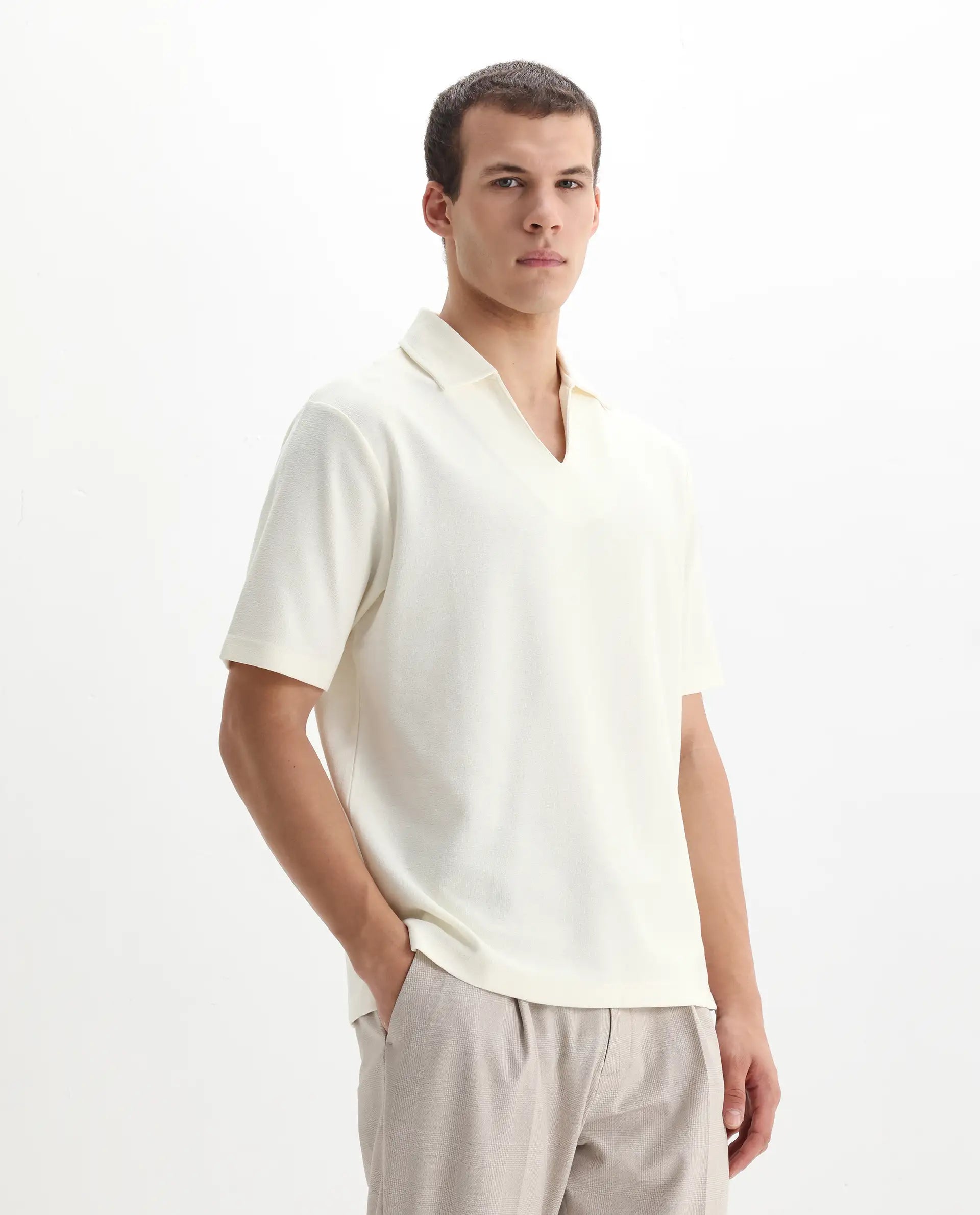 Rare Rabbit Men's Jawal Off White Cotton Blend Plain Oversized Fit Half Sleeve Polo