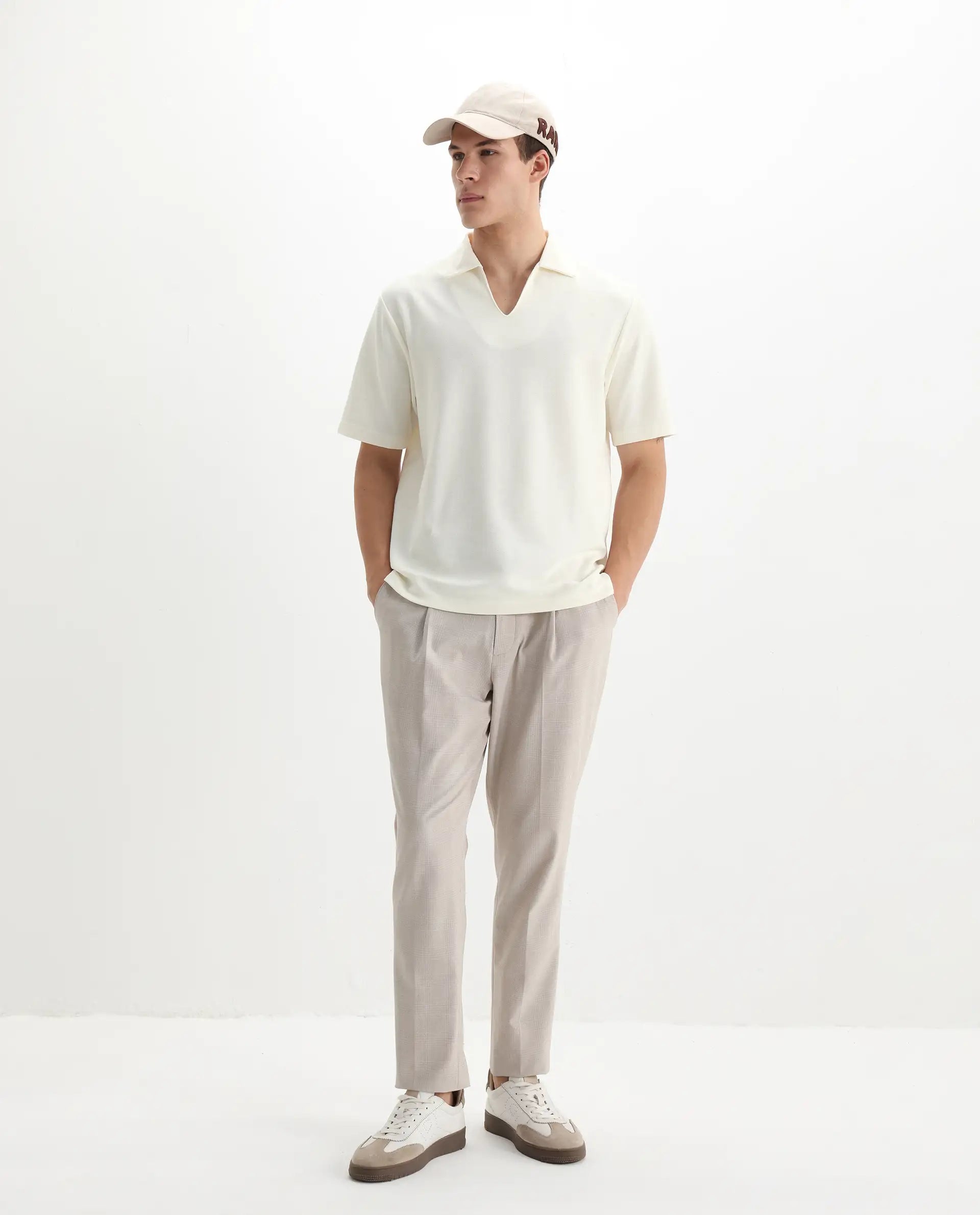 Rare Rabbit Men's Jawal Off White Cotton Blend Plain Oversized Fit Half Sleeve Polo