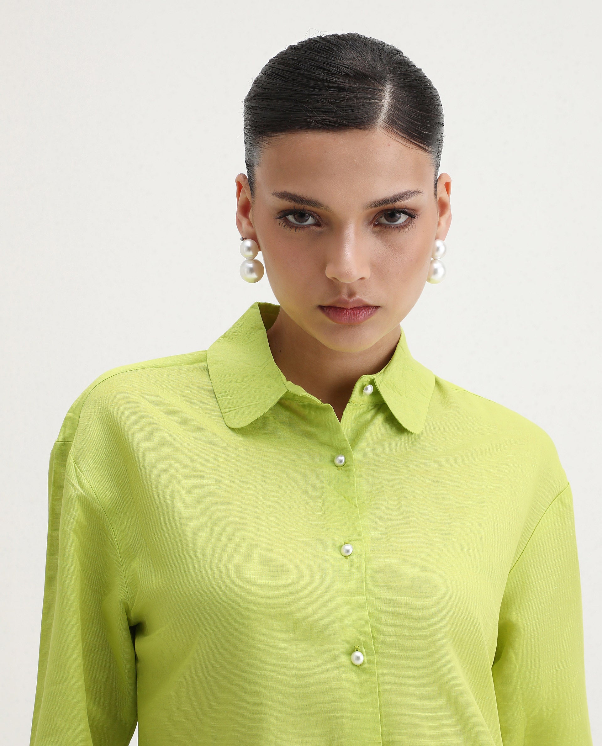 Rareism Women's Jayleen Yellow Linen Spread Collar Plain Slim Fit Top