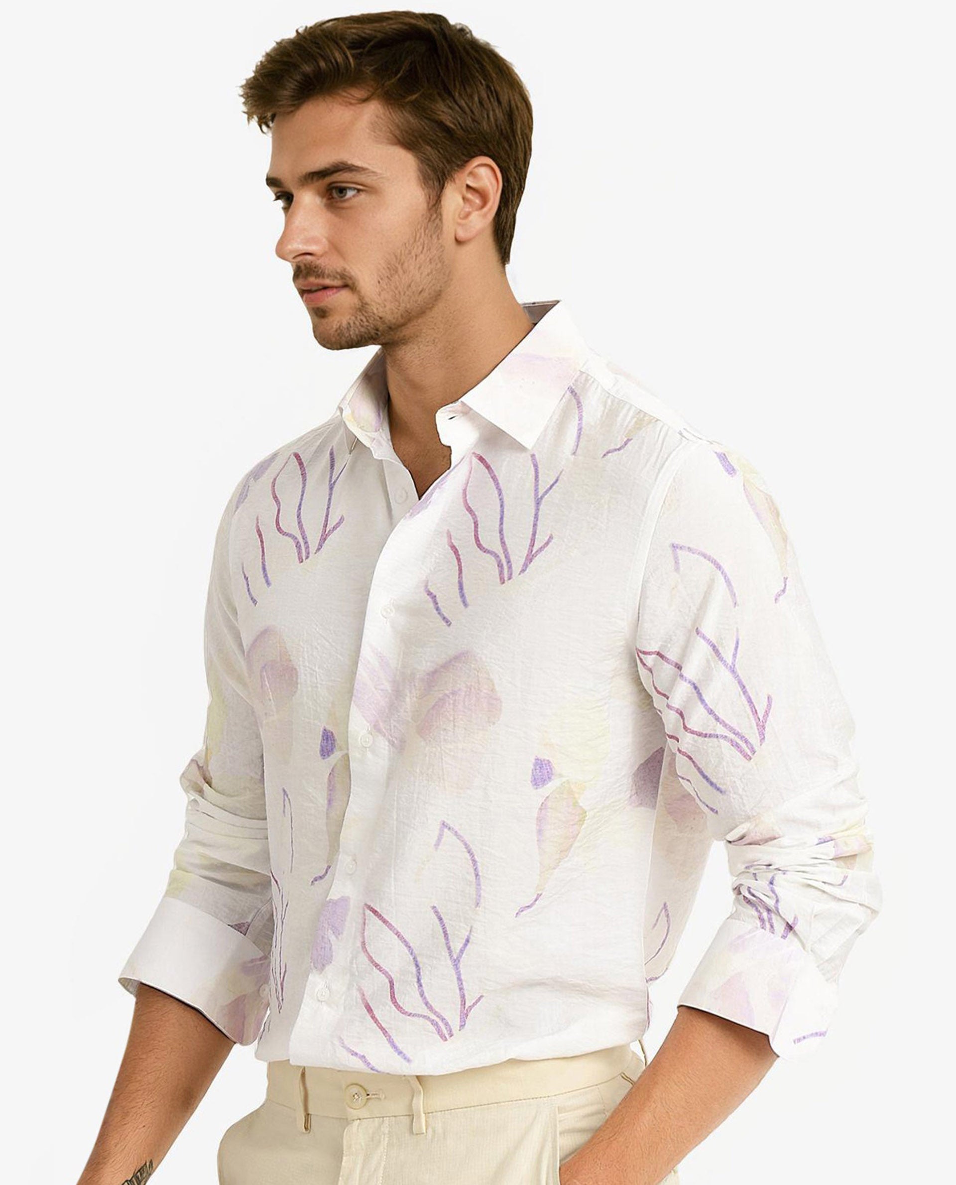 Rare Rabbit Men Jazzy Off White Full Sleeve Regular Fit Floral Print Cotton Shirt