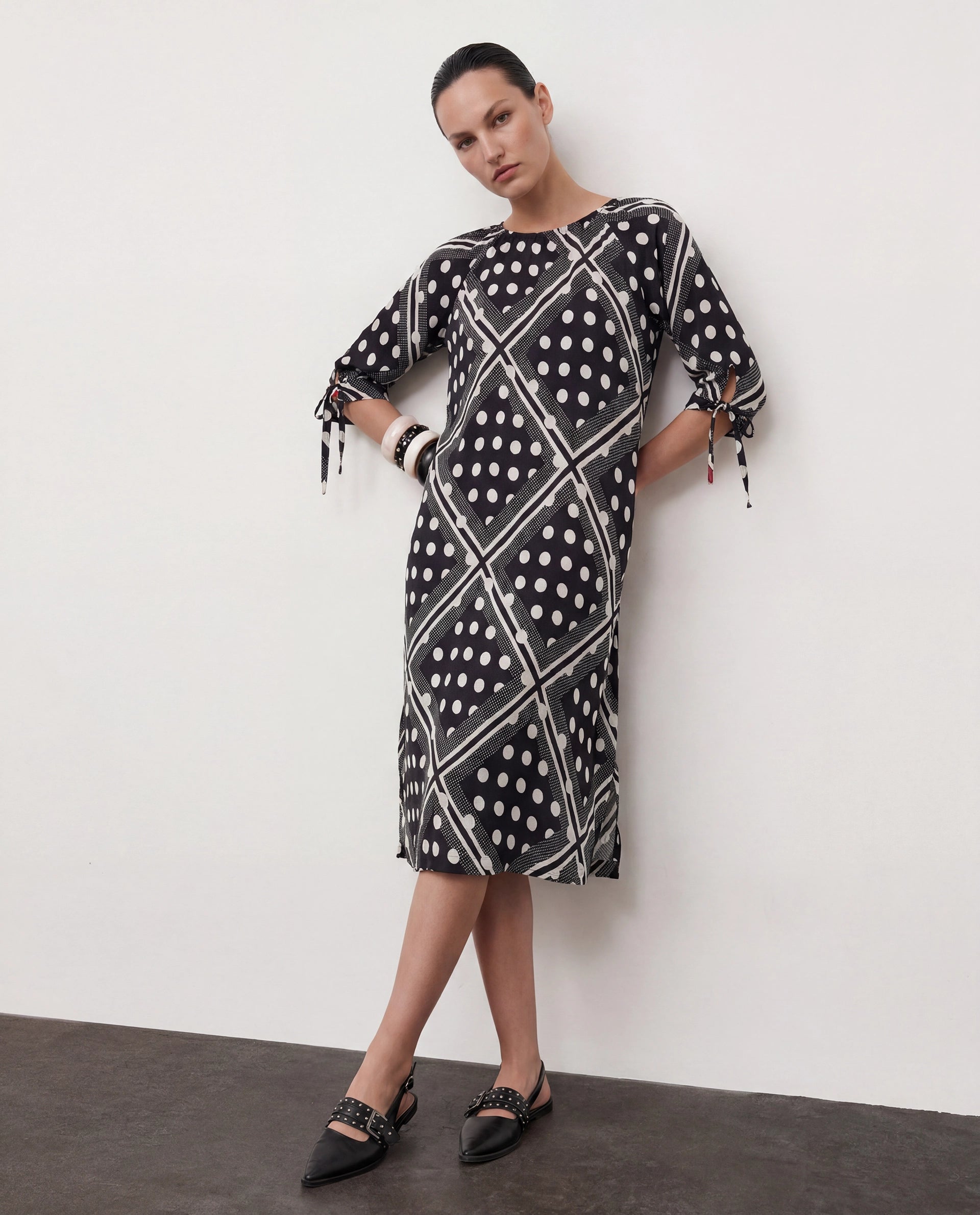 Rareism Women's Jeannie Black Polyester Boat Neck Polka Print Knee Length Regular Fit Dress