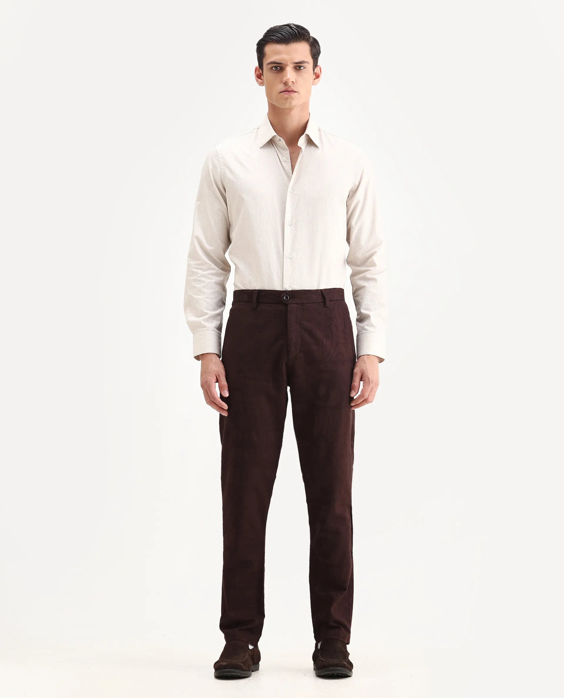 Rare Rabbit Men Jeck-Aw25 Dark Brown Cotton Fabric Button And Zip Closure Closure Jacquard Trouser