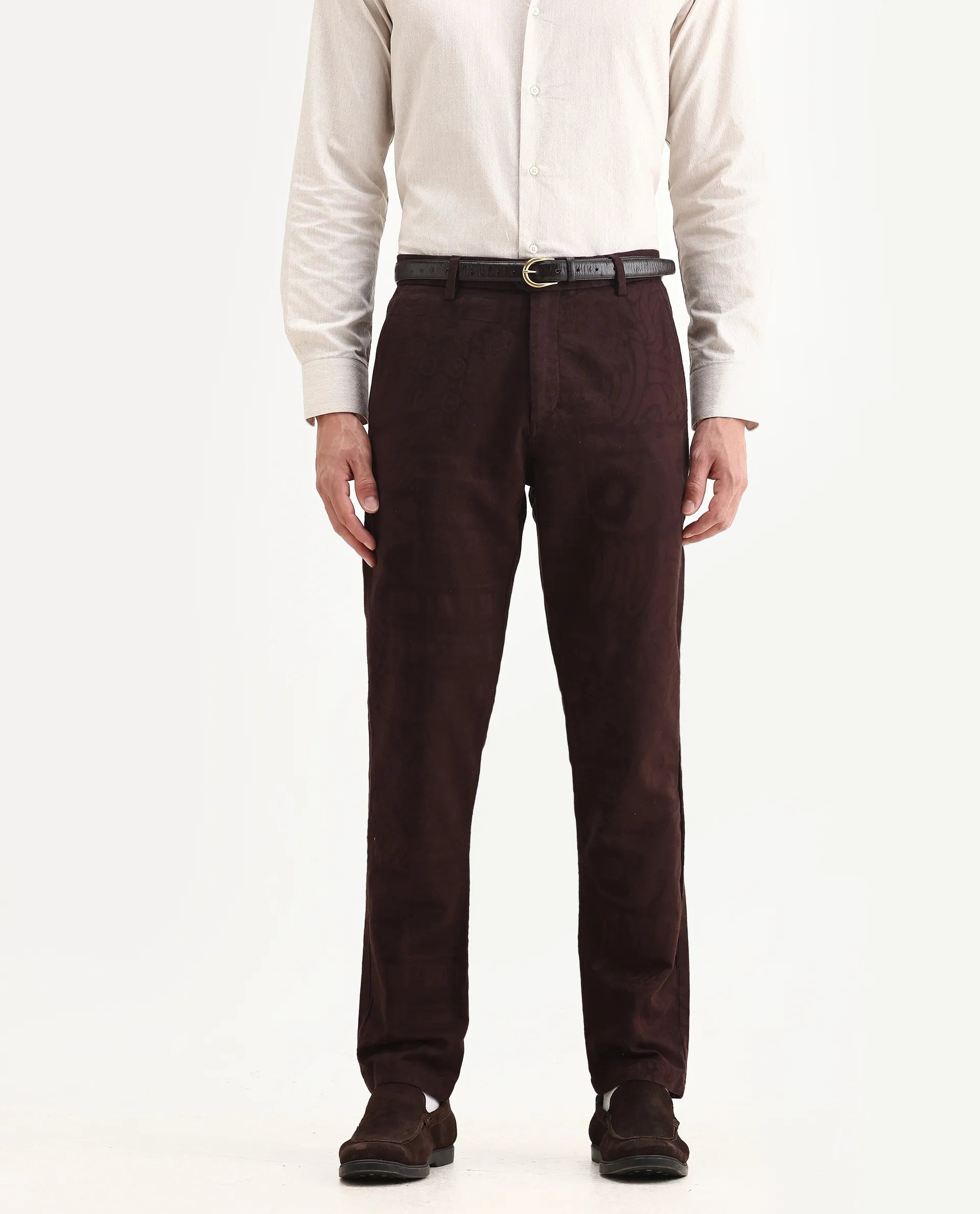 Rare Rabbit Men Jeck-Aw25 Dark Brown Cotton Fabric Button And Zip Closure Closure Jacquard Trouser