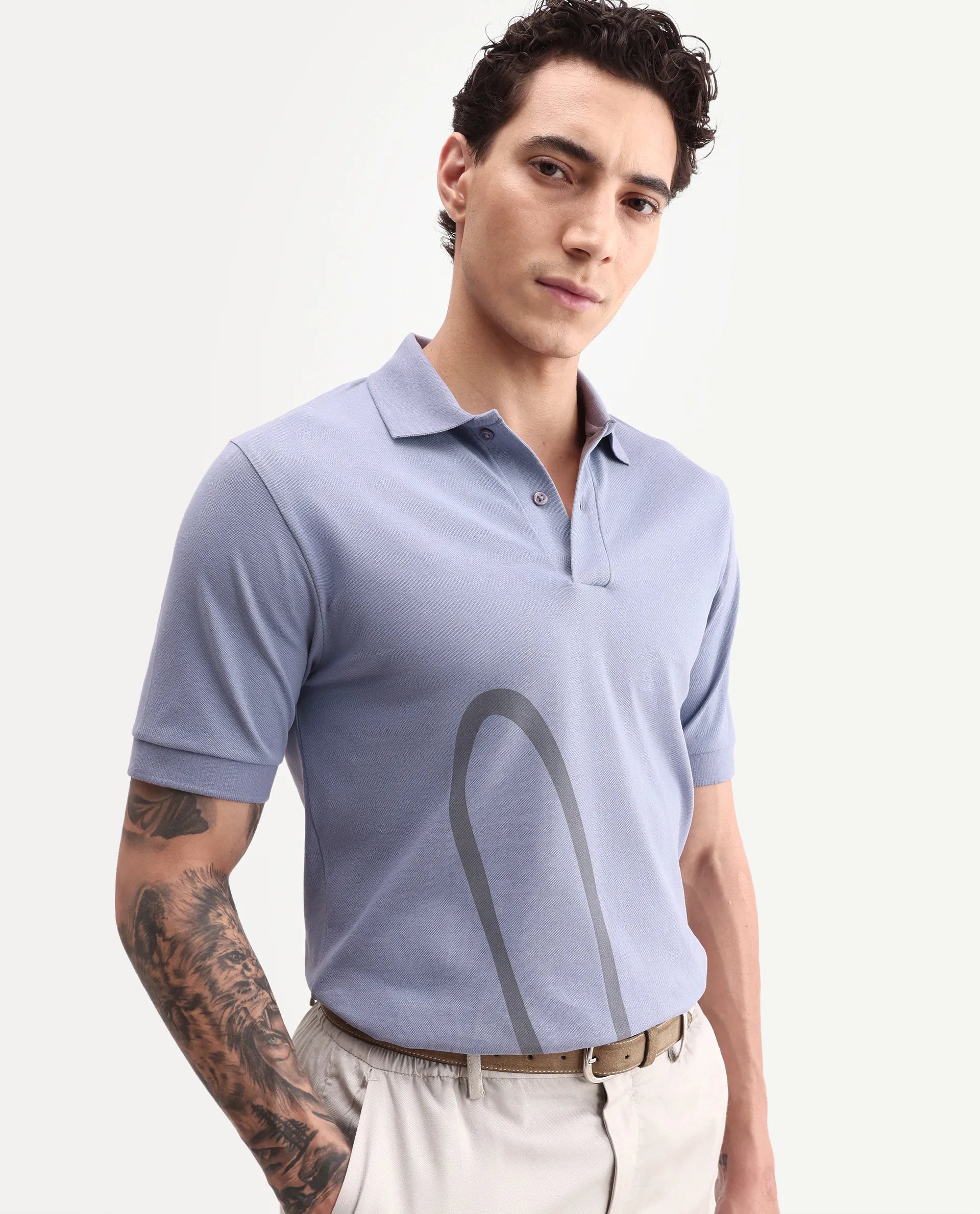 Rare Rabbit Men's Jefra-1 Dusky Purple Cotton Blend Regular Fit Half Sleeves Graphic Print Polo
