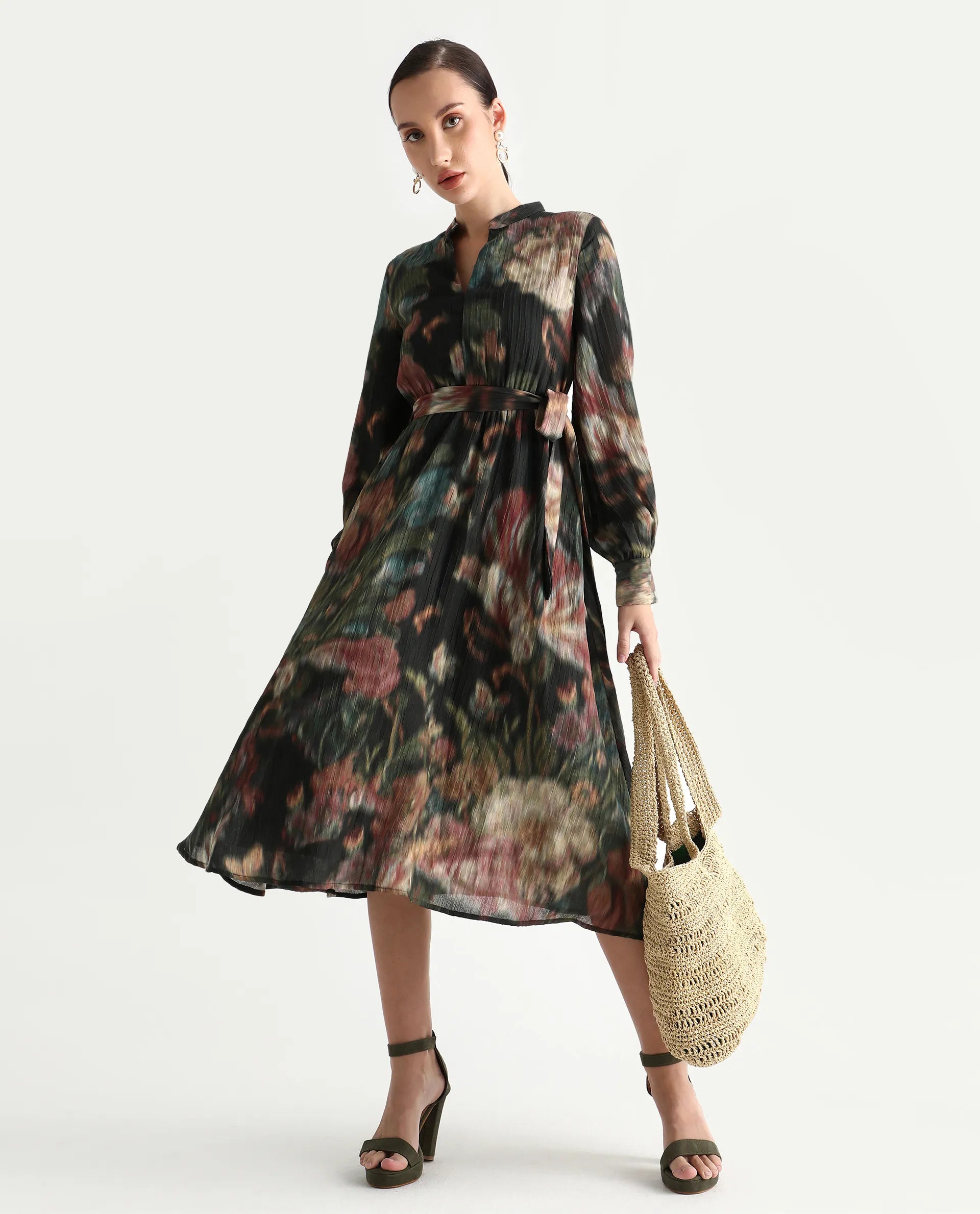 Rareism Women's Jehon Black Cotton Mandarin Collar Flared Printed Midi Dress