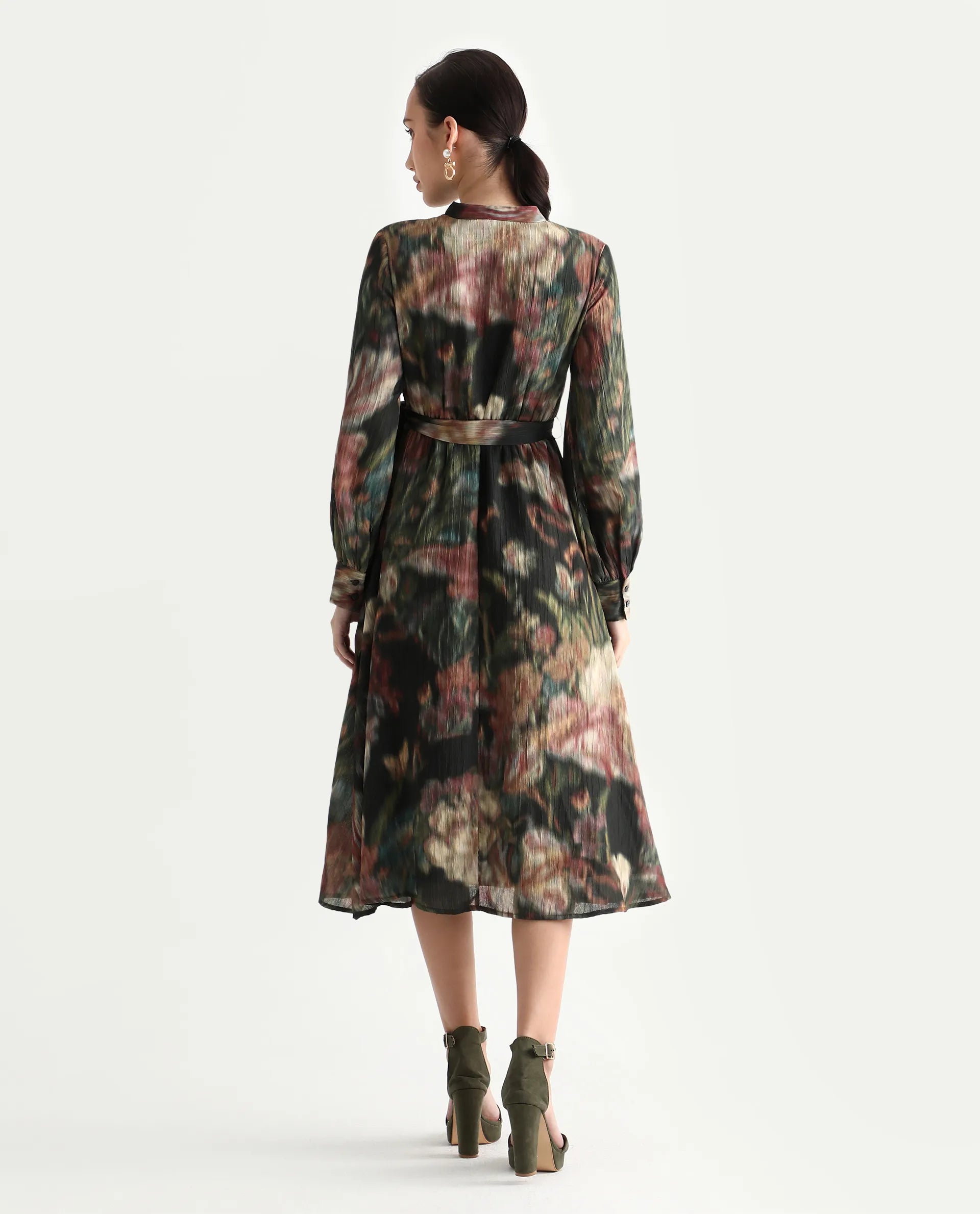 Rareism Women's Jehon Black Cotton Mandarin Collar Flared Printed Midi Dress