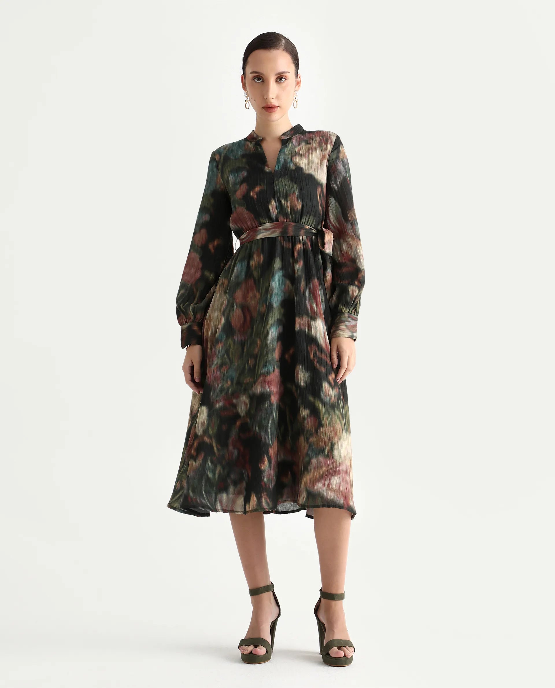 Rareism Women's Jehon Black Cotton Mandarin Collar Flared Printed Midi Dress