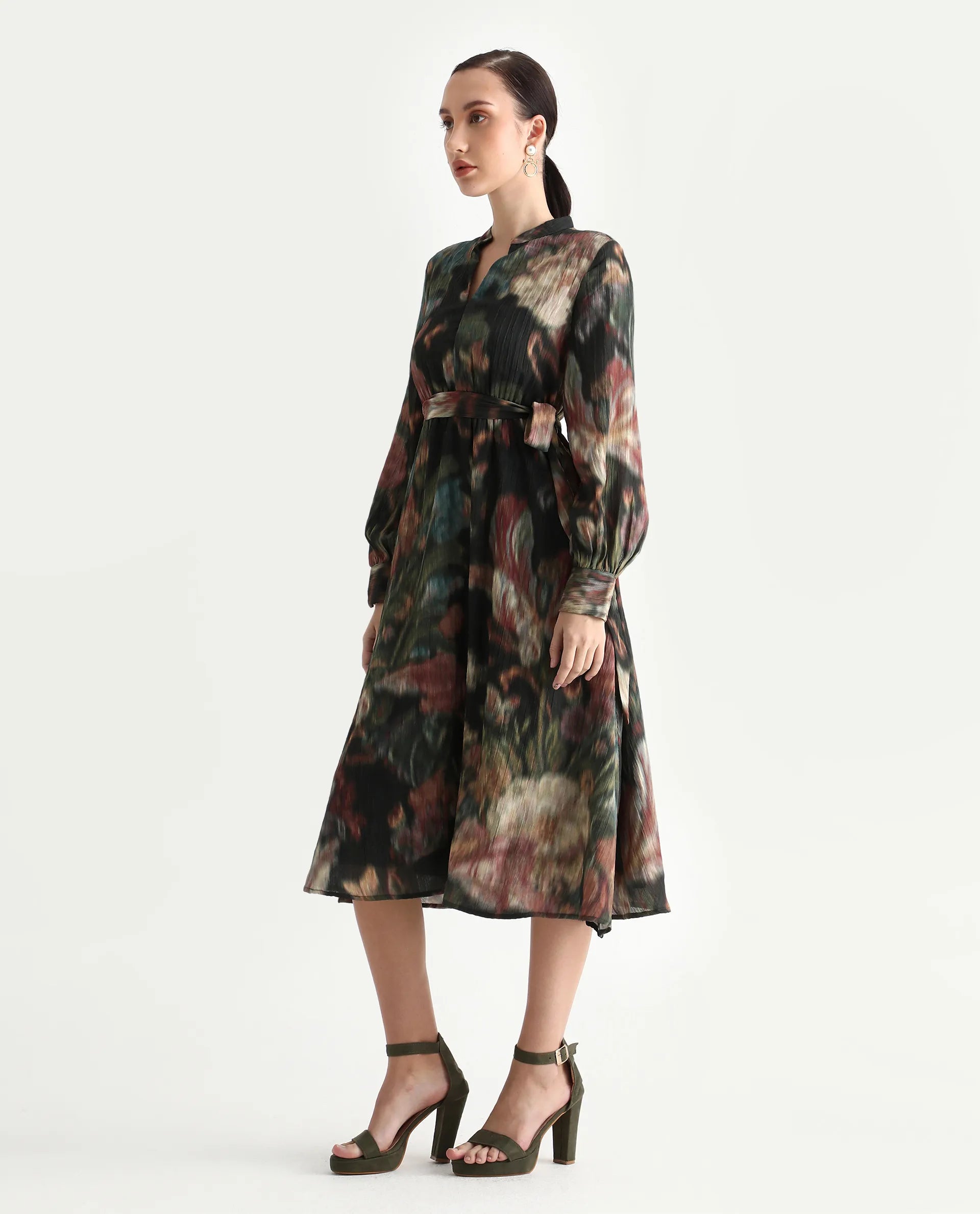 Rareism Women's Jehon Black Cotton Mandarin Collar Flared Printed Midi Dress