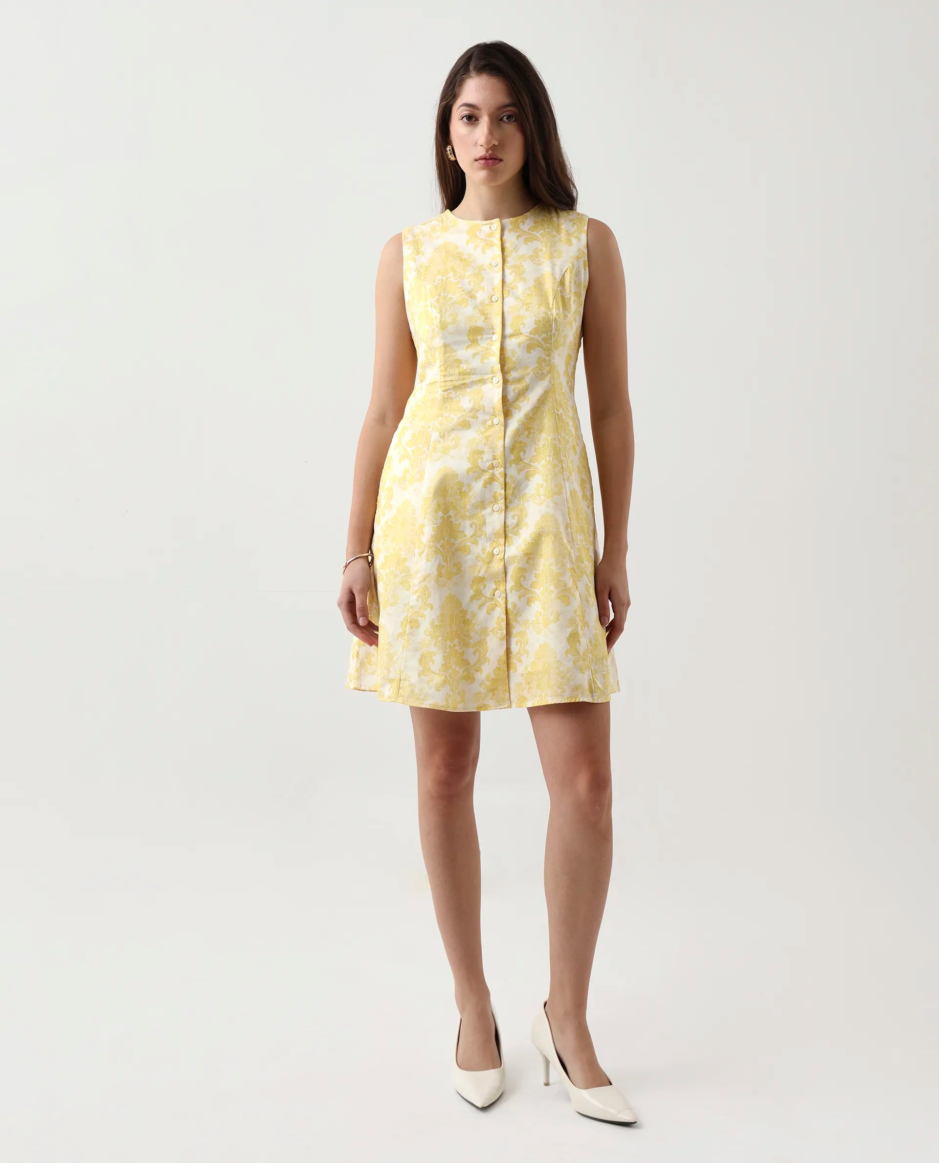 Rareism Women's Jeklo Yellow Cotton Blend Round Neck A-Line Printed Dress