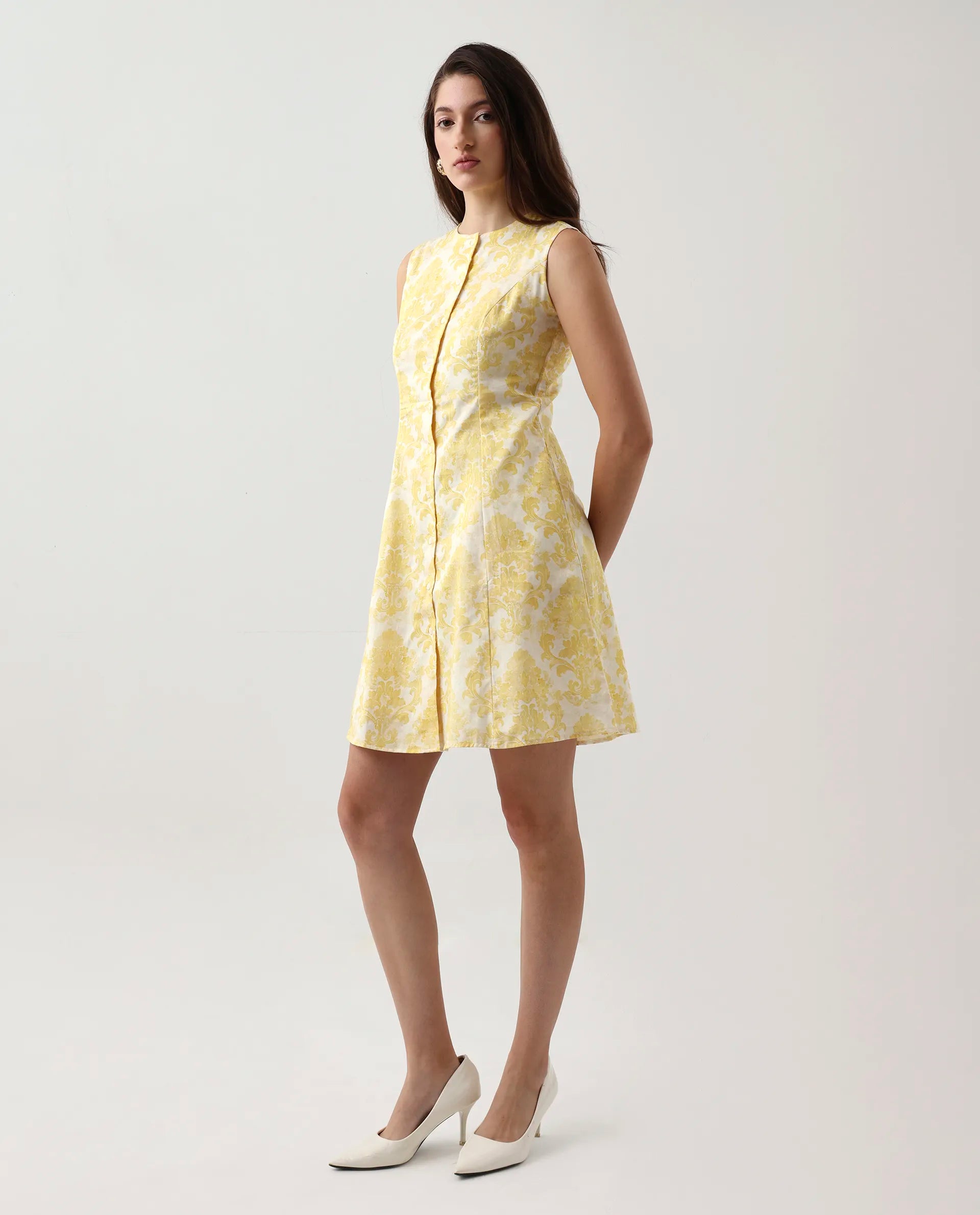 Rareism Women's Jeklo Yellow Cotton Blend Round Neck A-Line Printed Dress