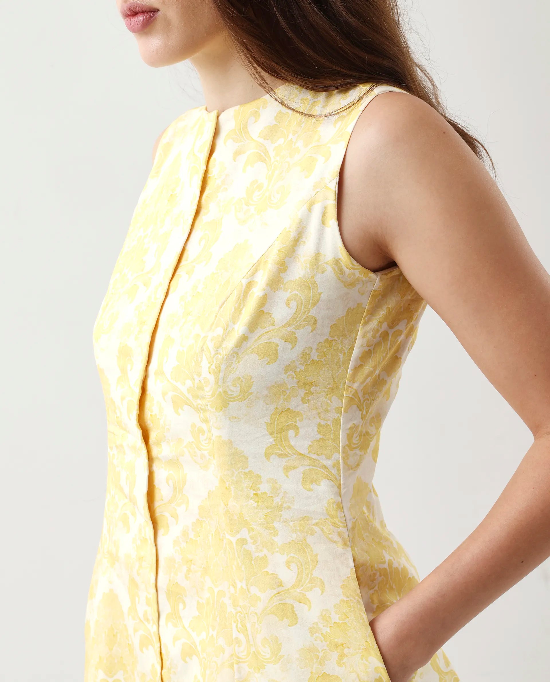 Rareism Women's Jeklo Yellow Cotton Blend Round Neck A-Line Printed Dress