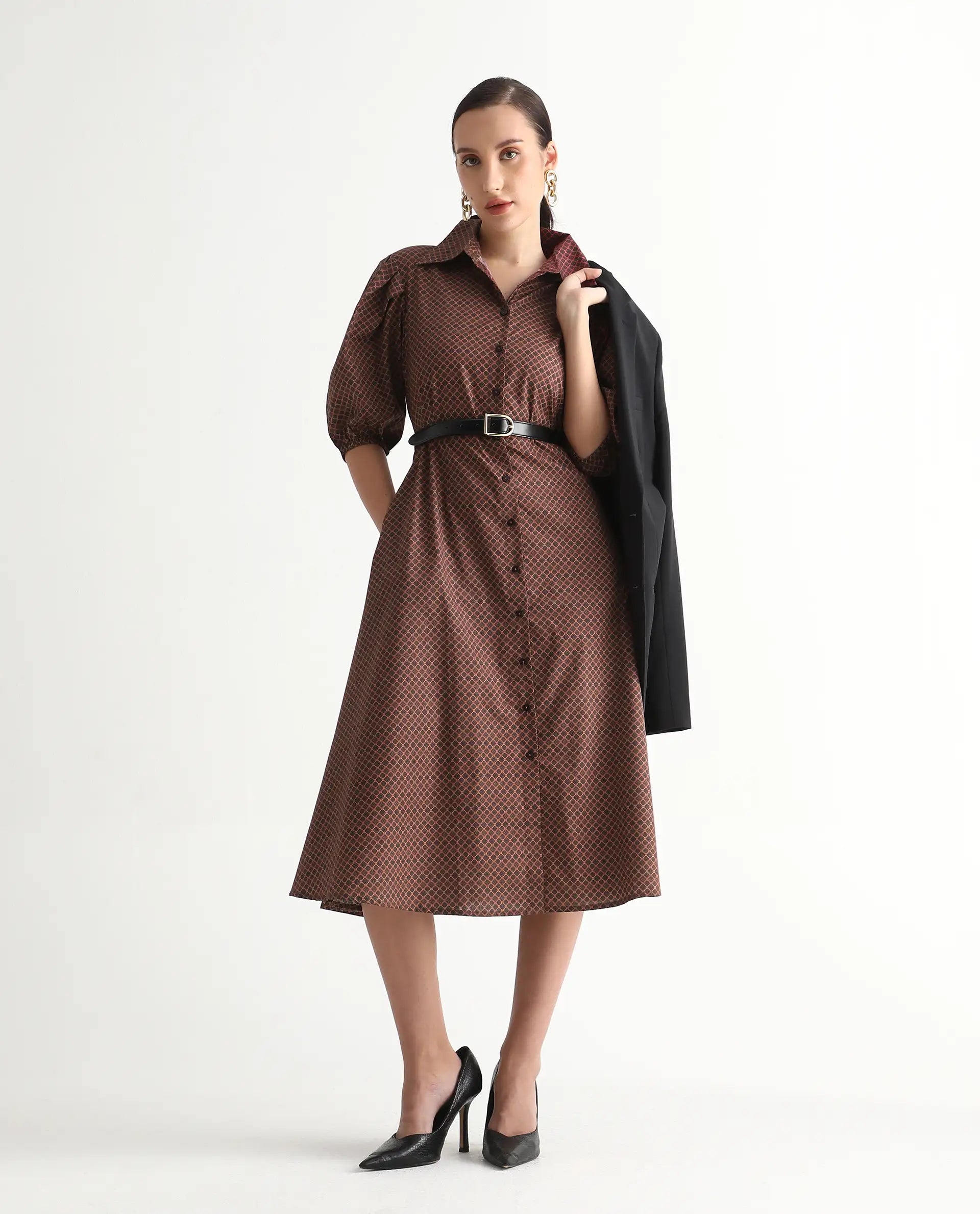 Rareism Women's Jembot Dark Green Cotton Collared Neck A-Line Geometric Print Midi Dress