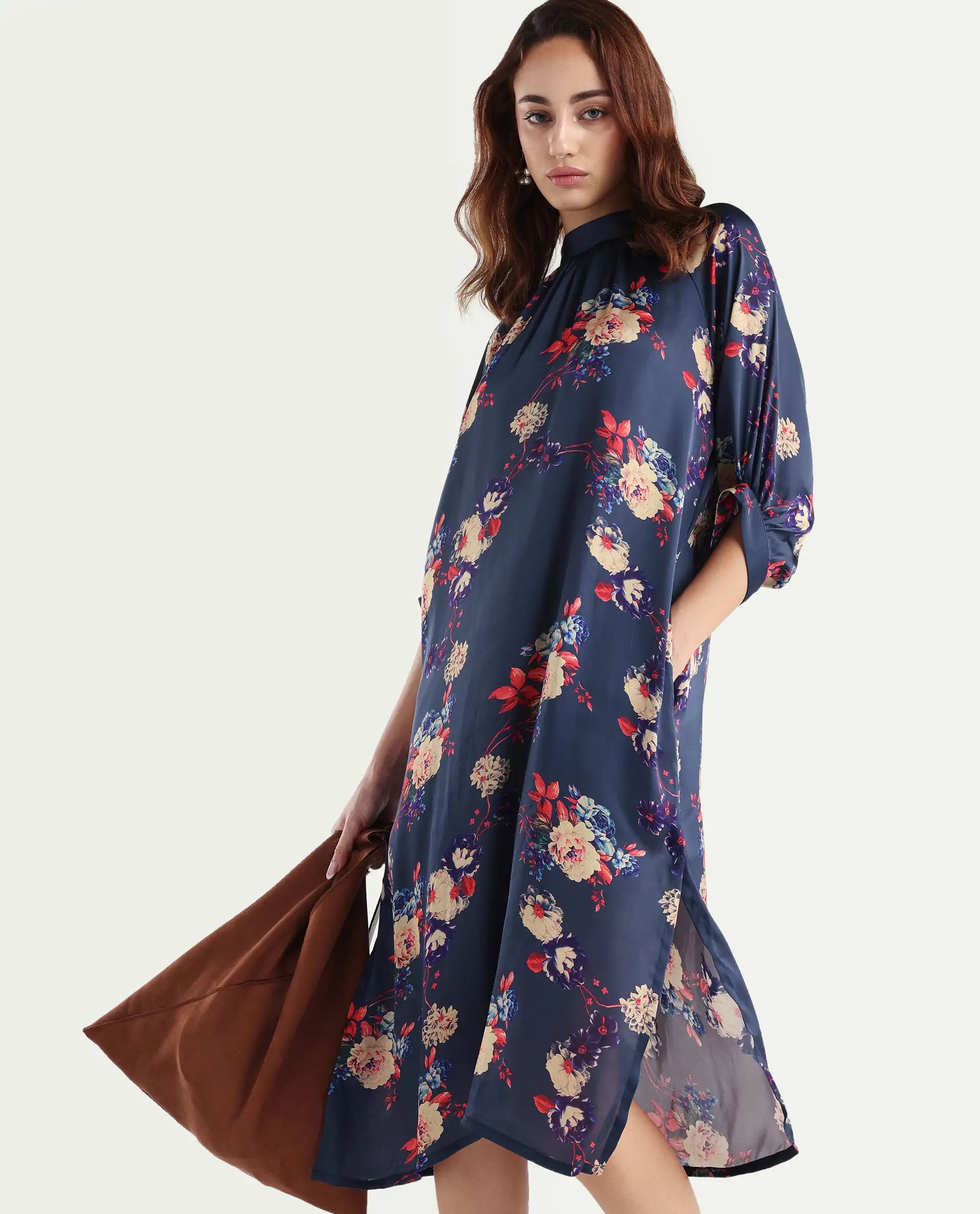 Rareism Women's Jemma Navy Cotton High Neck Floral Print Sleeveless Maxi Regular Fit Dress