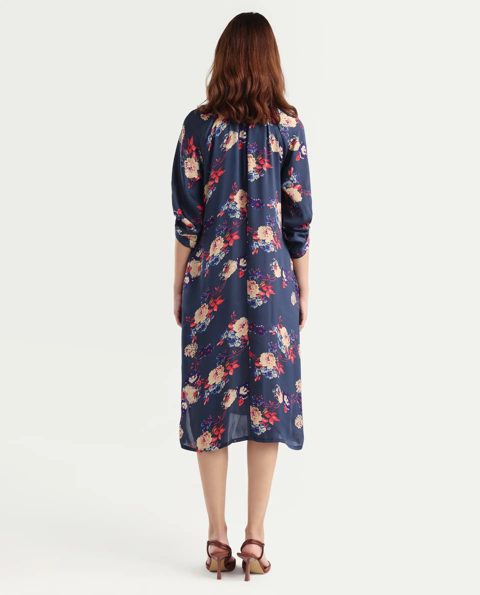 Rareism Women's Jemma Navy Cotton High Neck Floral Print Sleeveless Maxi Regular Fit Dress