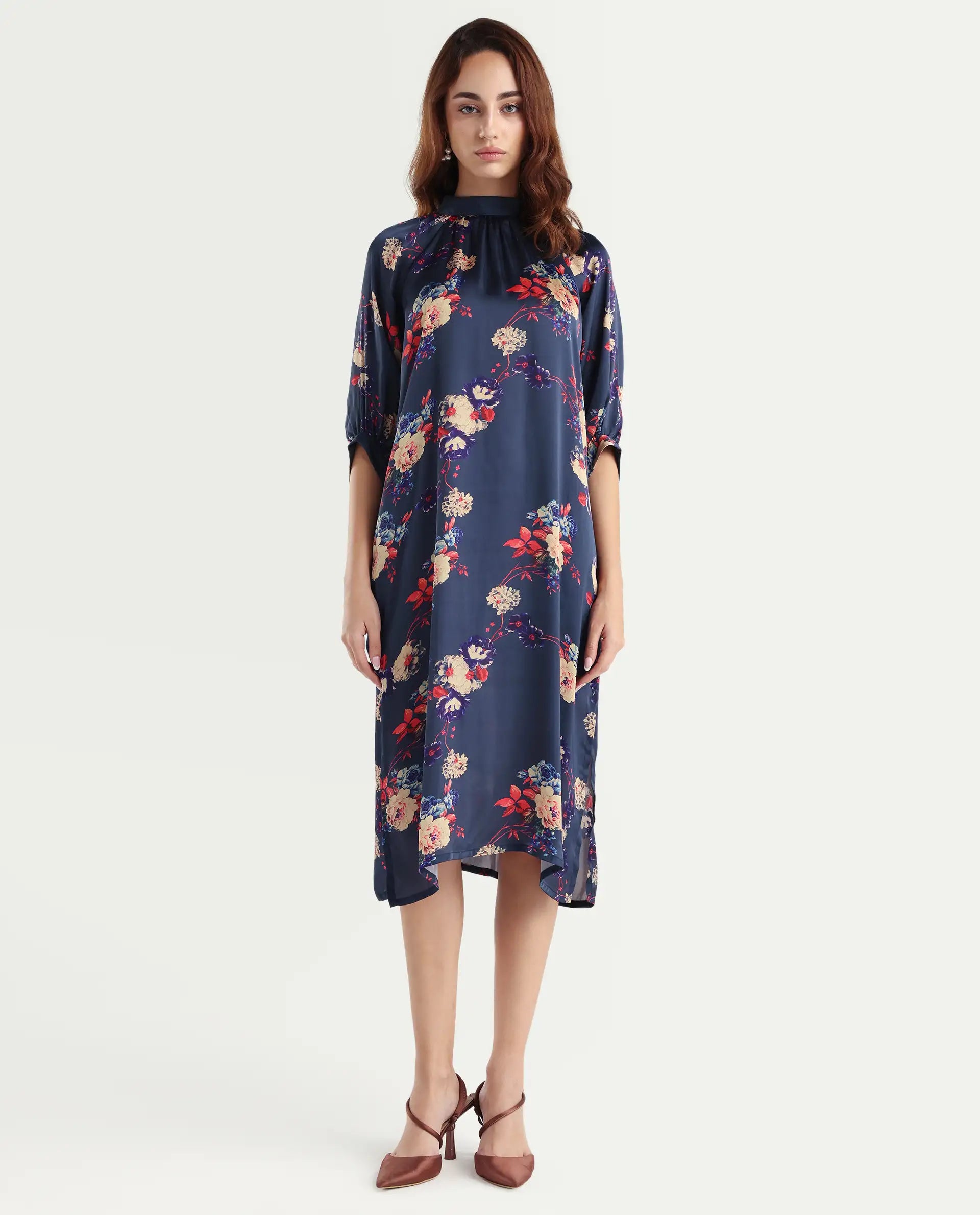 Rareism Women's Jemma Navy Cotton High Neck Floral Print Sleeveless Maxi Regular Fit Dress