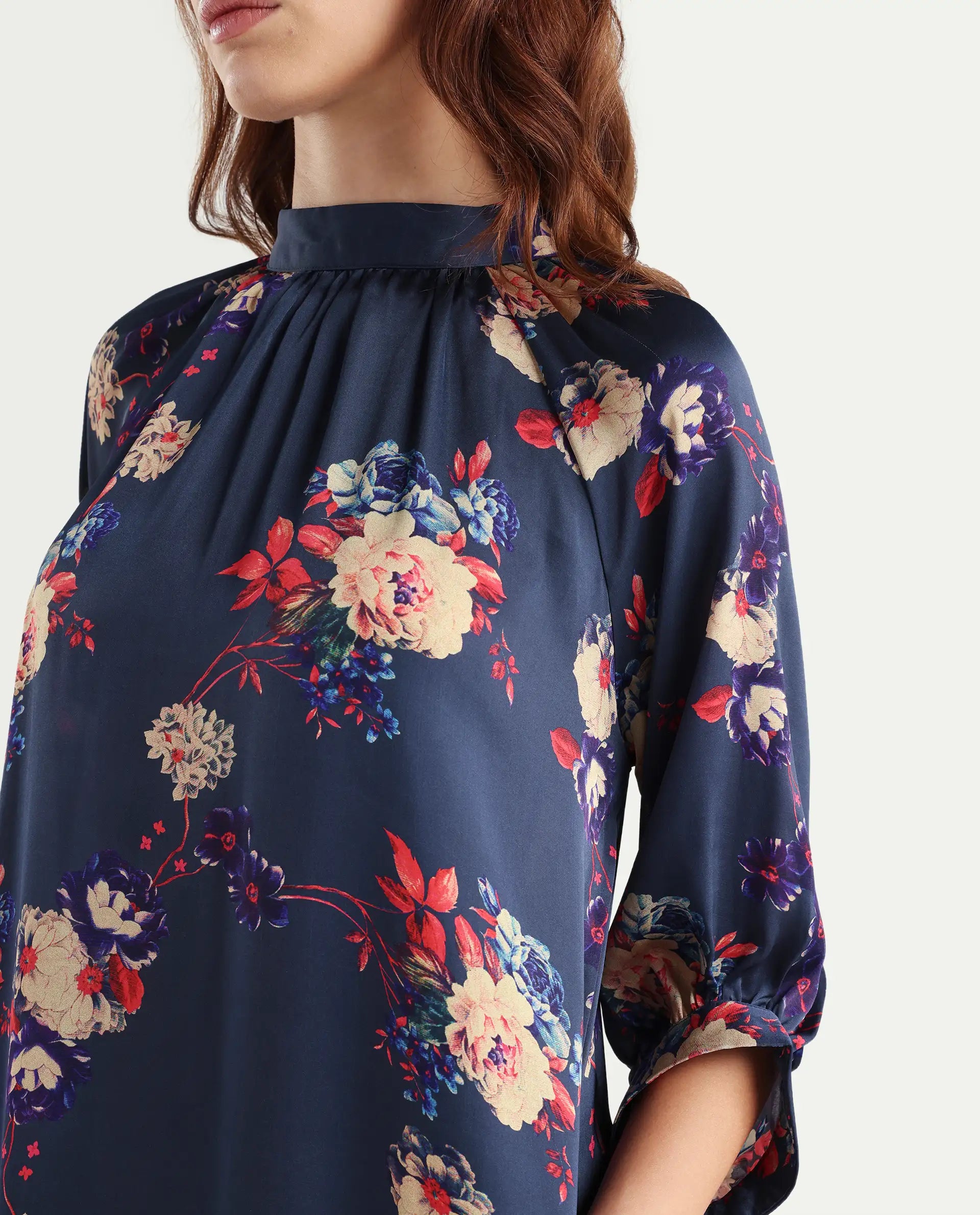 Rareism Women's Jemma Navy Cotton High Neck Floral Print Sleeveless Maxi Regular Fit Dress