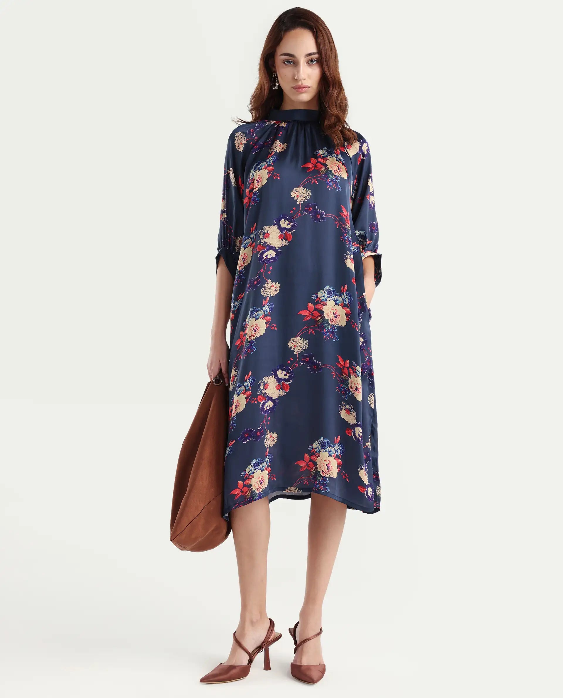 Rareism Women's Jemma Navy Cotton High Neck Floral Print Sleeveless Maxi Regular Fit Dress