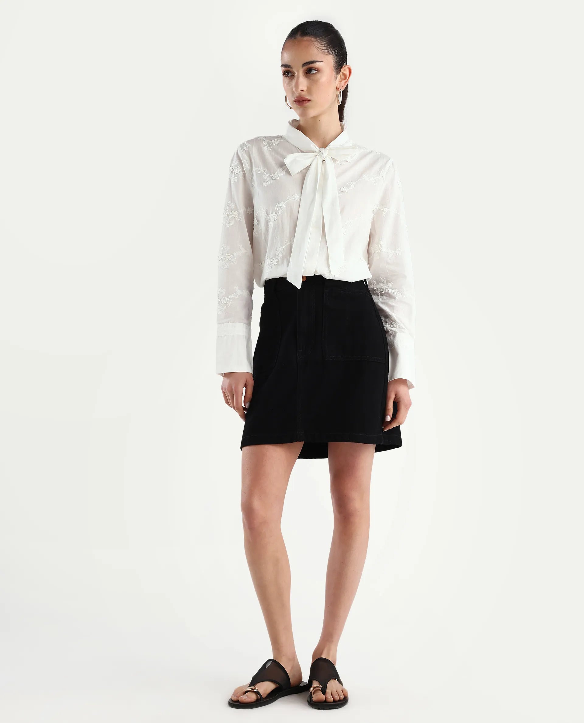 Rareism Women's Jeneiro White Cotton Tie-Up Neck Plain Cuffed Sleeve Regular Fit Shirt