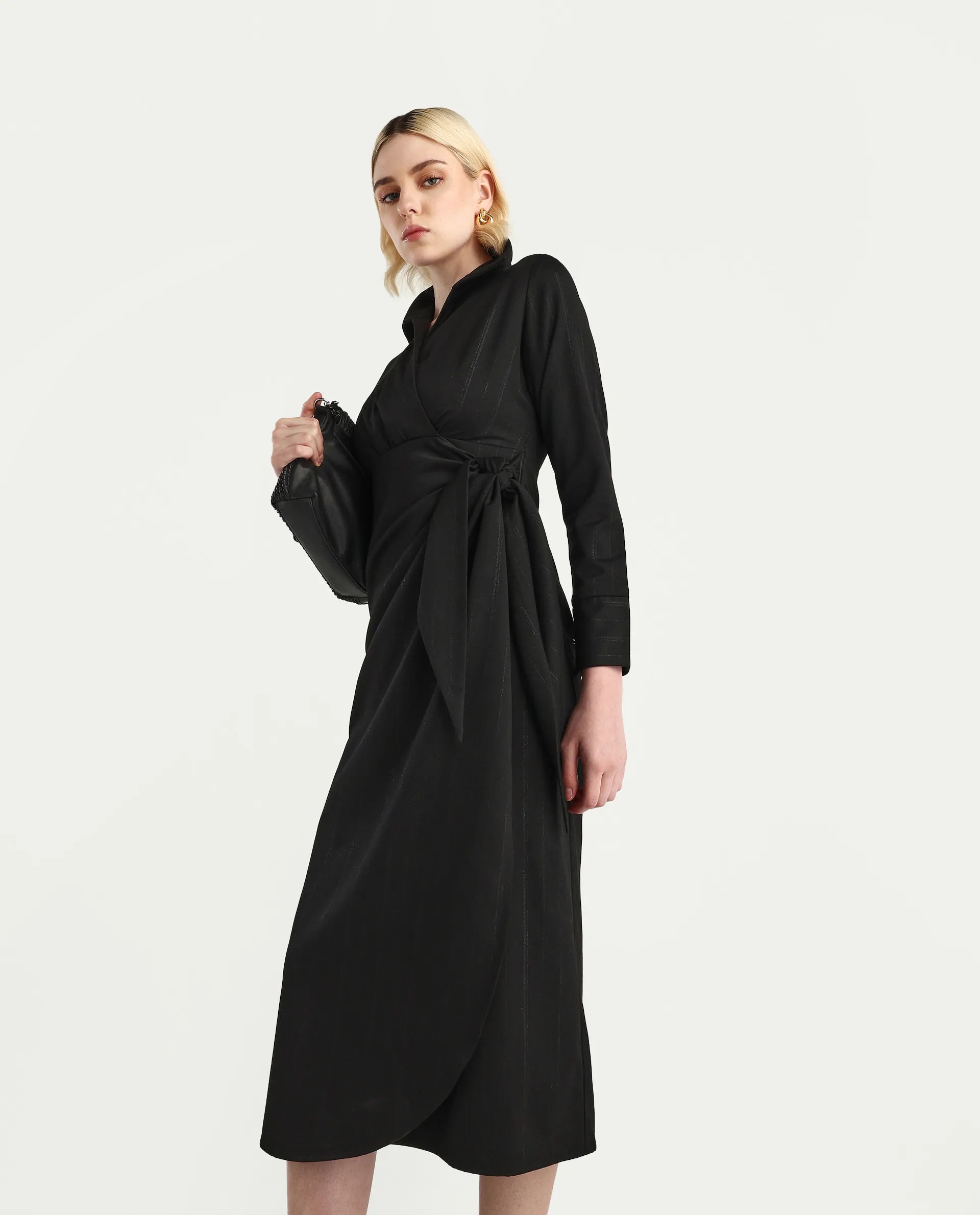 Rareism Women's Jenlin Black Poly Viscose Cuffed Sleeve Jonny Collar Straight Fit Plain Midi Dress