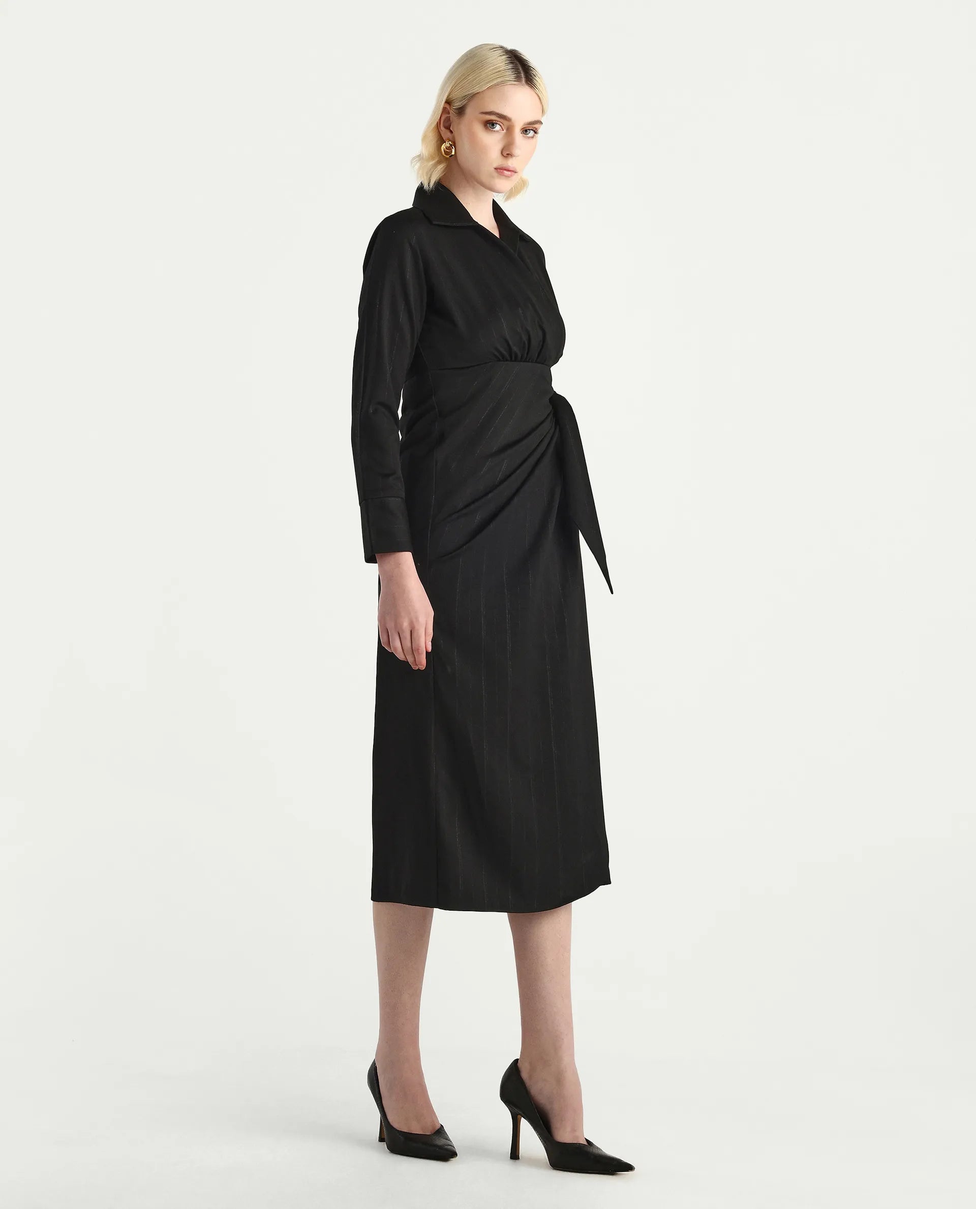 Rareism Women's Jenlin Black Poly Viscose Cuffed Sleeve Jonny Collar Straight Fit Plain Midi Dress