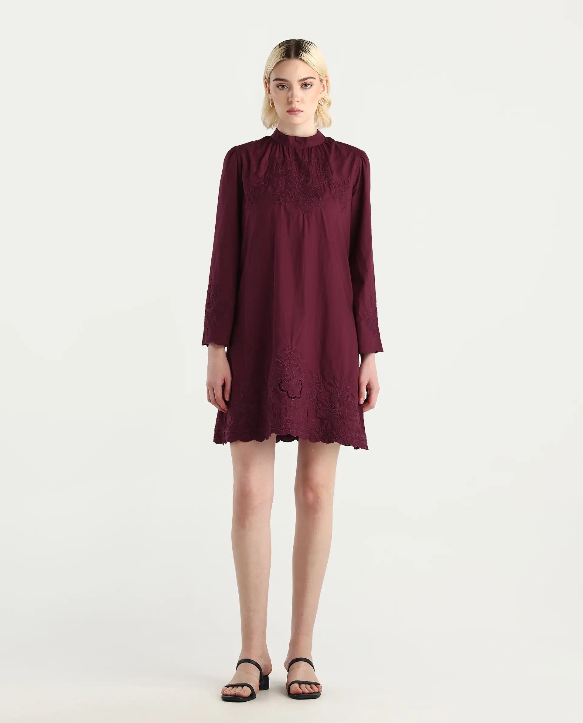 Rareism Women's Jenmin Maroon Cotton Bell Sleeves Mandarin Collar A-Line Fit Plain Dress