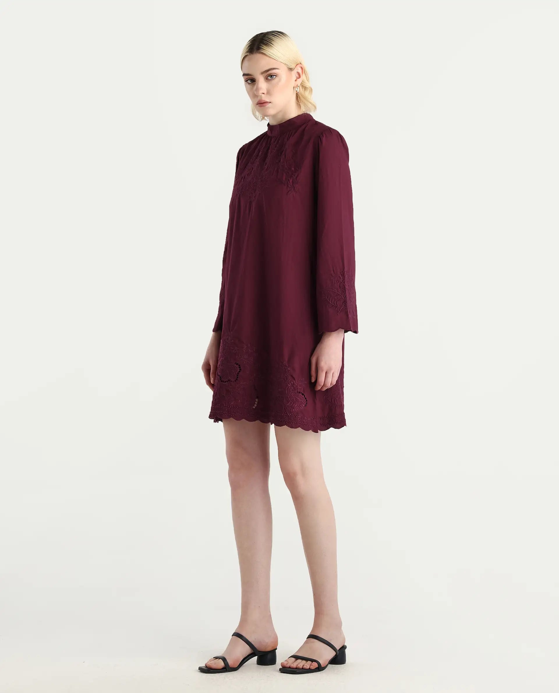 Rareism Women's Jenmin Maroon Cotton Bell Sleeves Mandarin Collar A-Line Fit Plain Dress