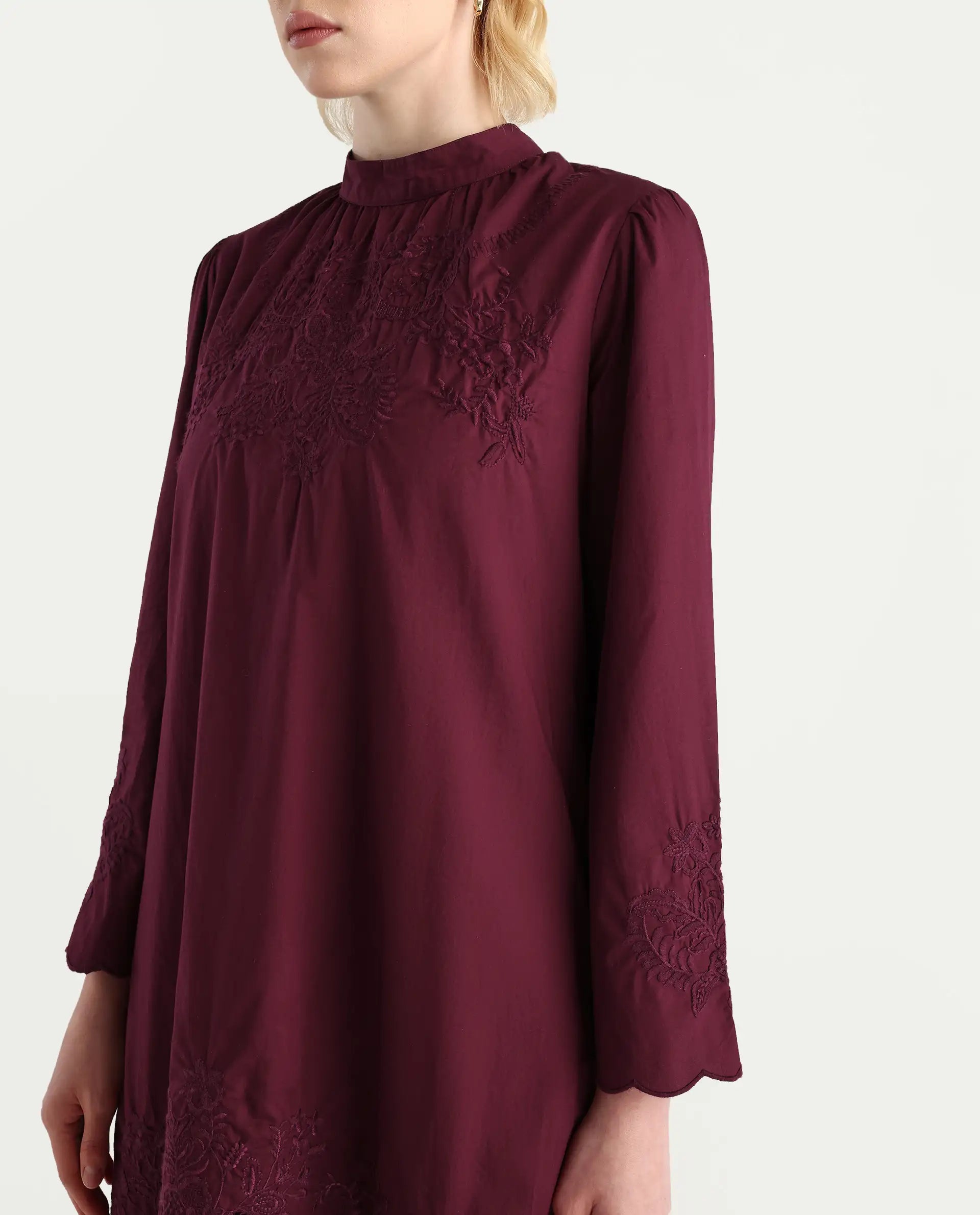 Rareism Women's Jenmin Maroon Cotton Bell Sleeves Mandarin Collar A-Line Fit Plain Dress