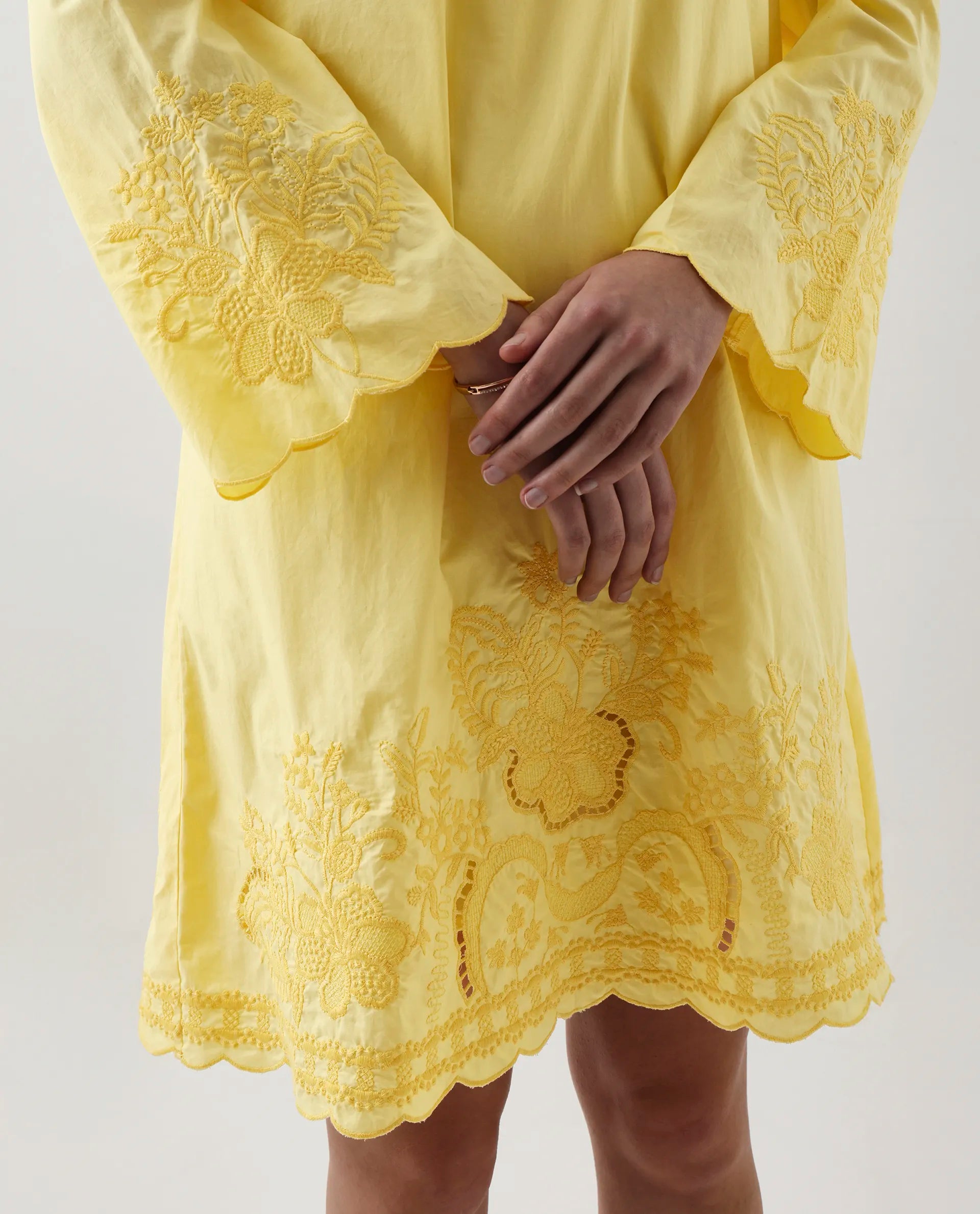 Rareism Women's Jenmin Yellow Cotton Blend Mandarin Collar A-Line Plain Dress