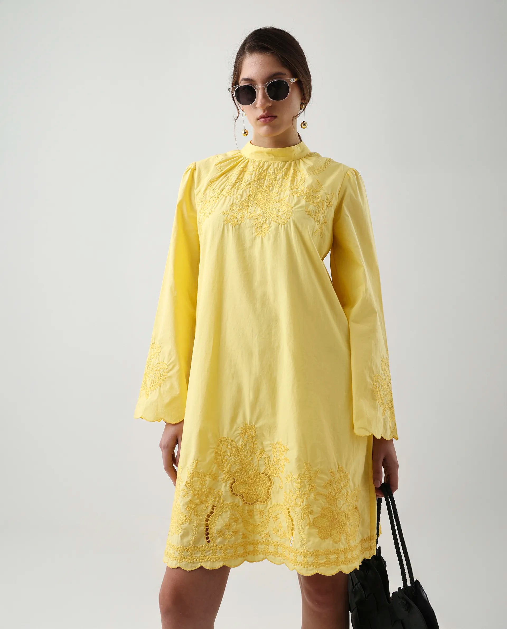 Rareism Women's Jenmin Yellow Cotton Blend Mandarin Collar A-Line Plain Dress