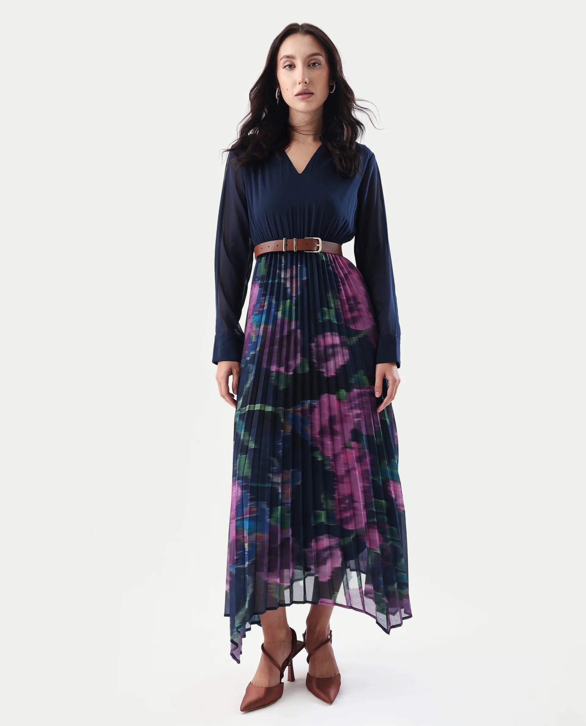 Rareism Women's Jenpli Navy Polyester V-Neck Flared Printed Dress