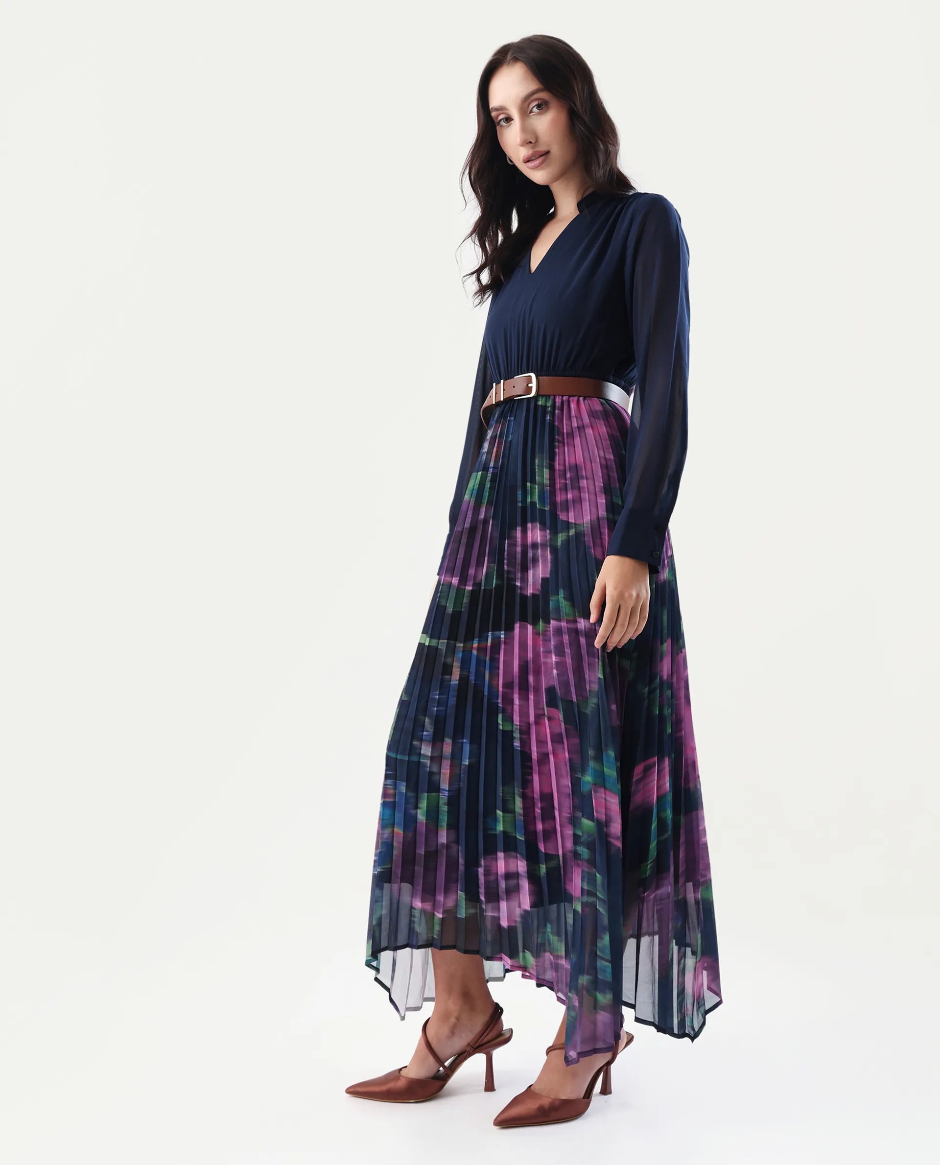 Rareism Women's Jenpli Navy Polyester V-Neck Flared Printed Dress