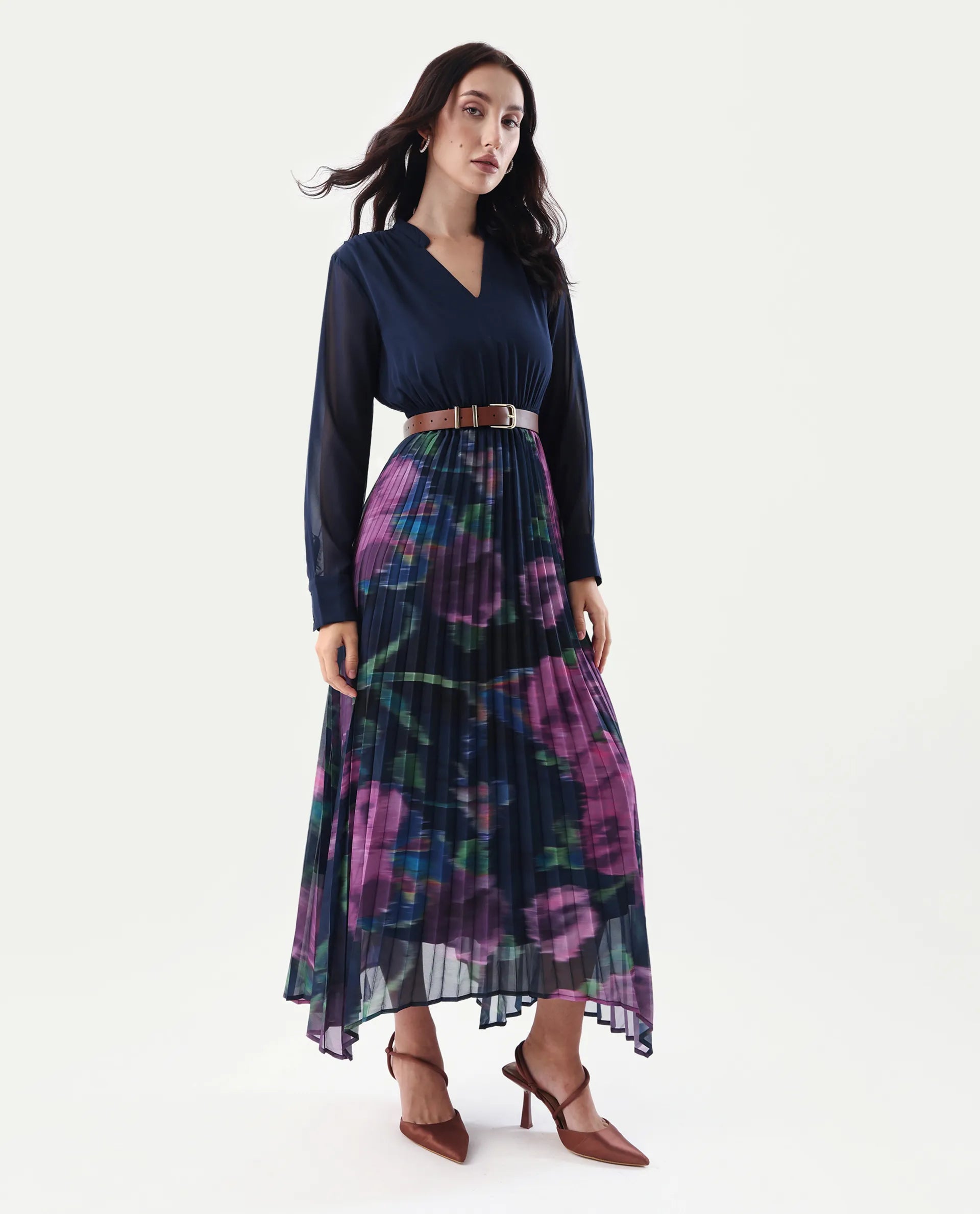 Rareism Women's Jenpli Navy Polyester V-Neck Flared Printed Dress