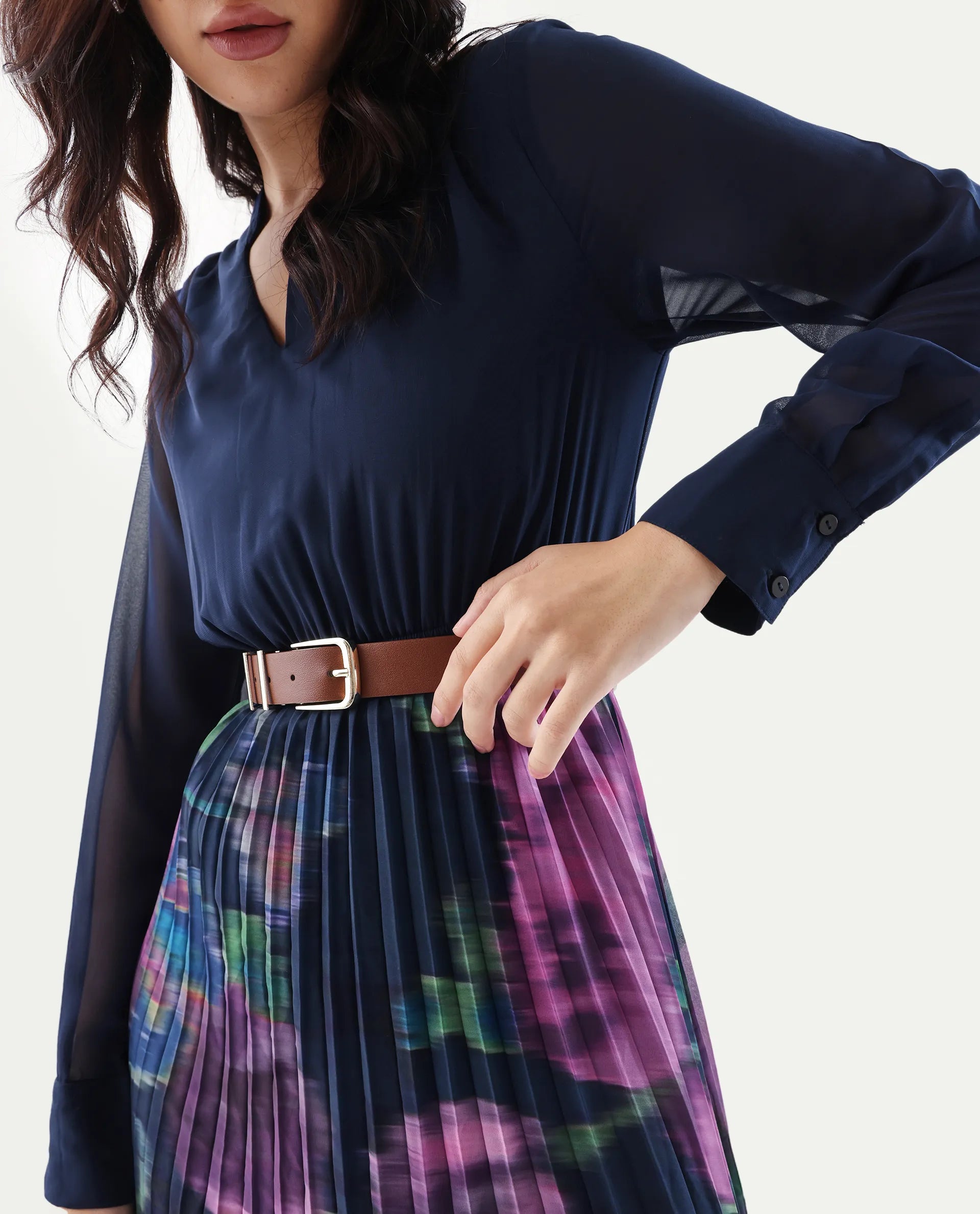 Rareism Women's Jenpli Navy Polyester V-Neck Flared Printed Dress