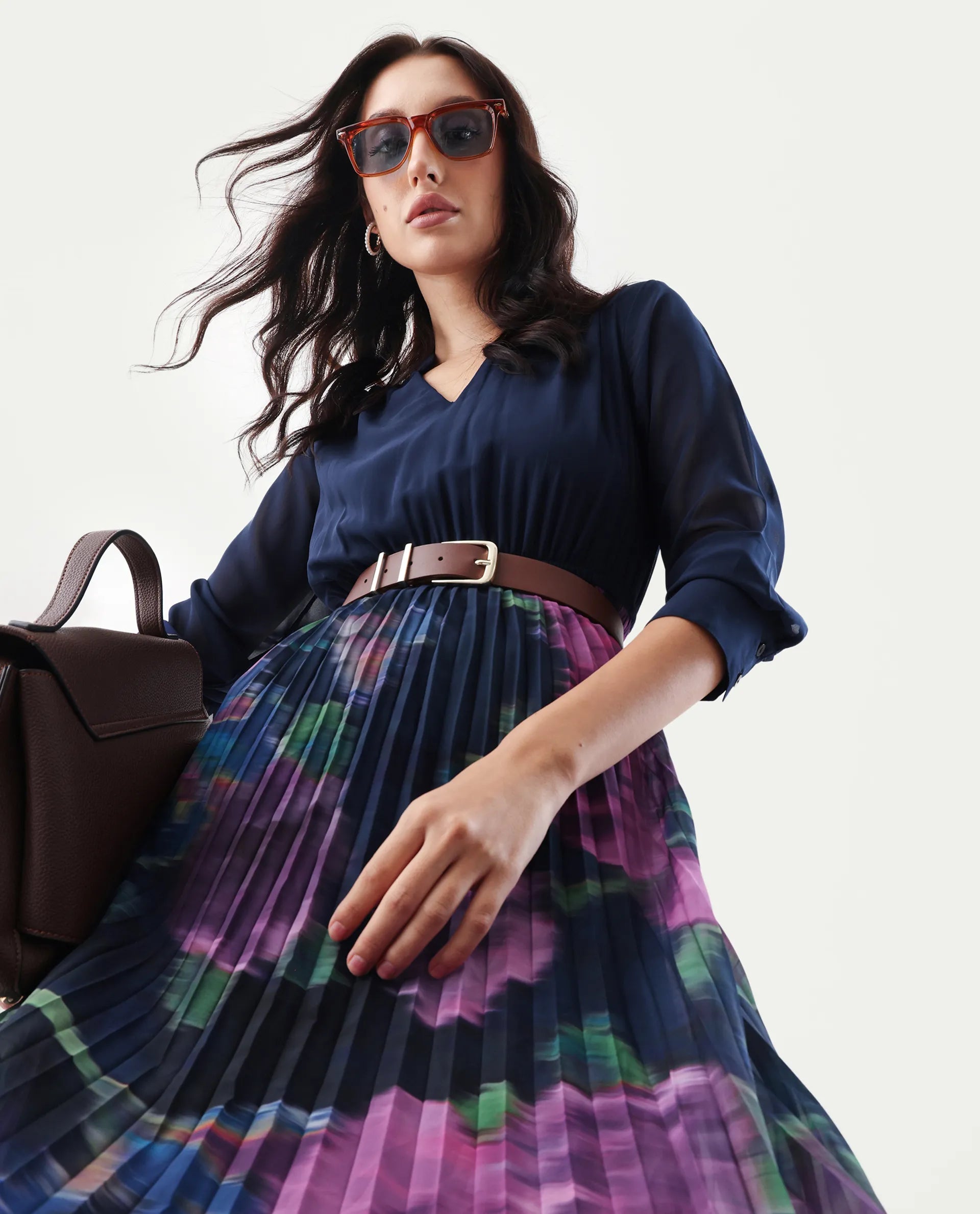 Rareism Women's Jenpli Navy Polyester V-Neck Flared Printed Dress