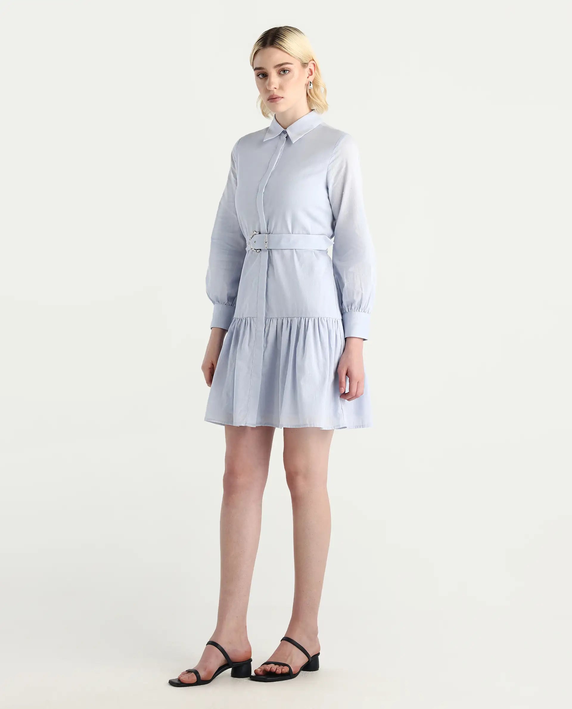 Rareism Women's Jenron Blue Cotton Collared Neck Flared Plain Dress