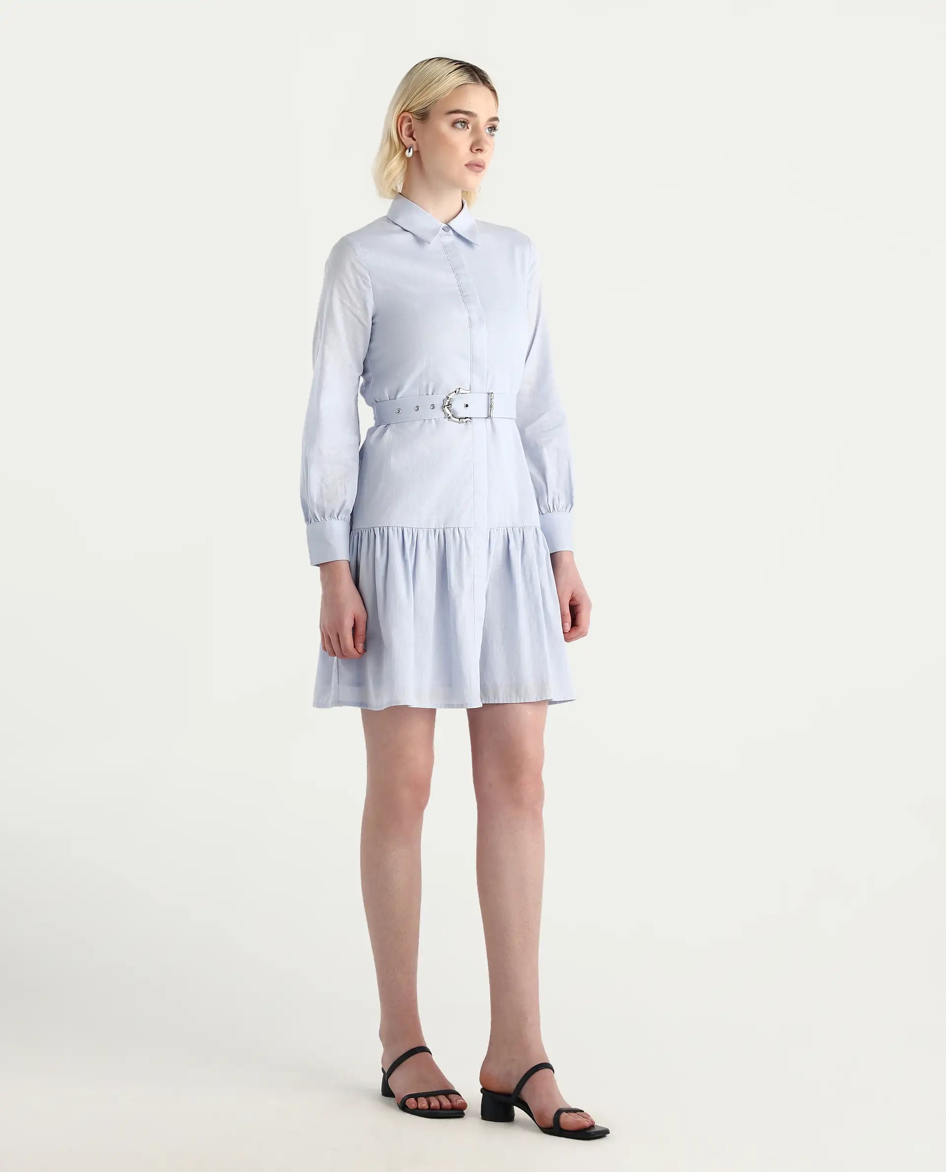 Rareism Women's Jenron Blue Cotton Collared Neck Flared Plain Dress