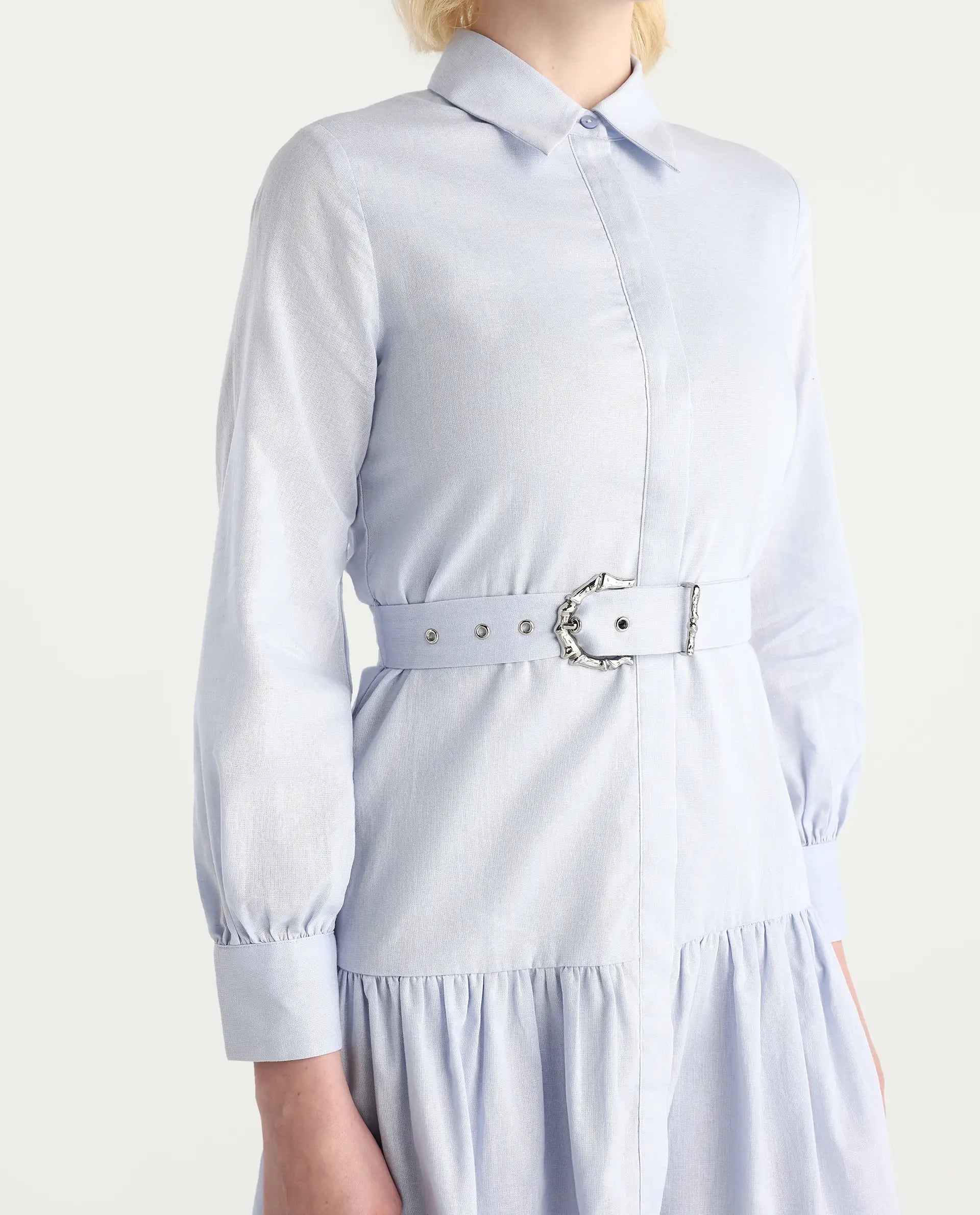 Rareism Women's Jenron Blue Cotton Collared Neck Flared Plain Dress